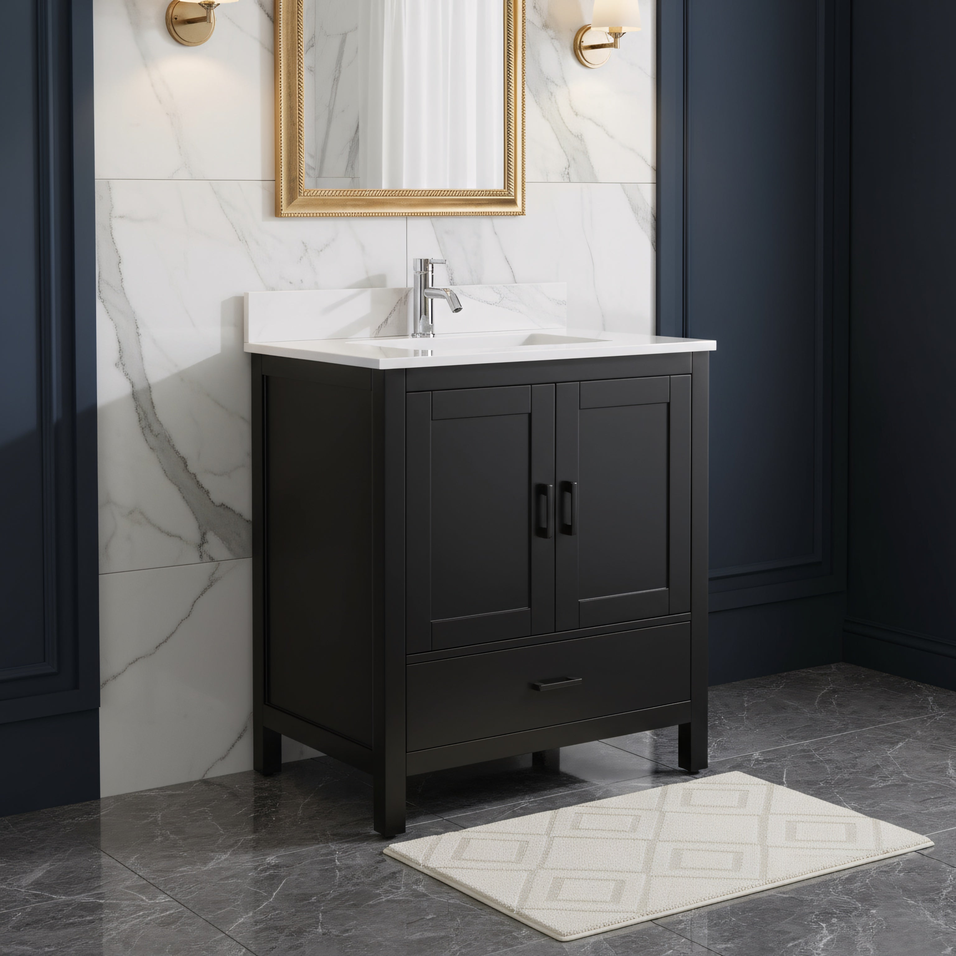 30" Black Freestanding Single Sink Bathroom Vanity with Engineered Calcutta Marble Countertop-Migration_Bathroom Vanities-DECOROLALA