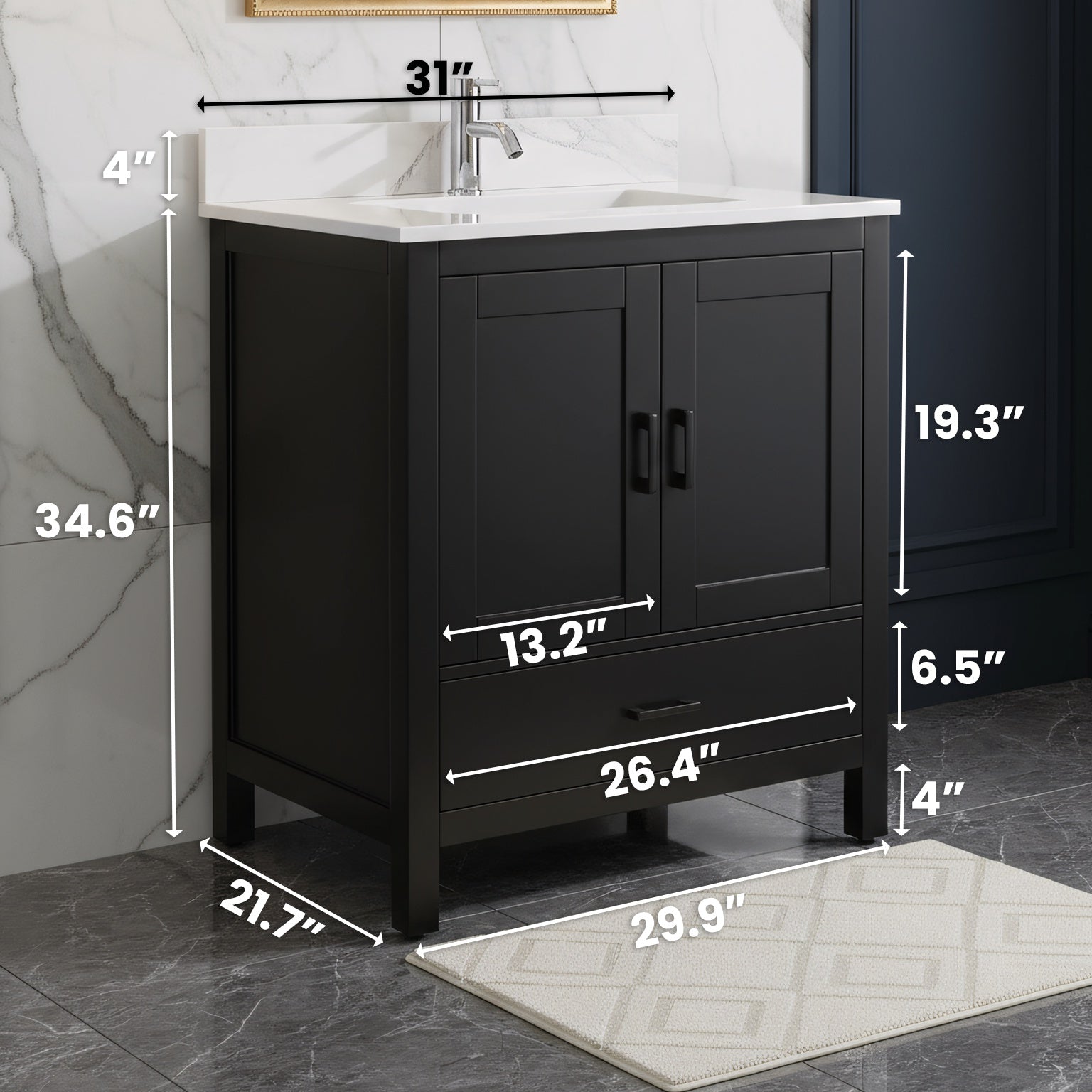 30" Black Freestanding Single Sink Bathroom Vanity with Engineered Calcutta Marble Countertop-Migration_Bathroom Vanities-DECOROLALA