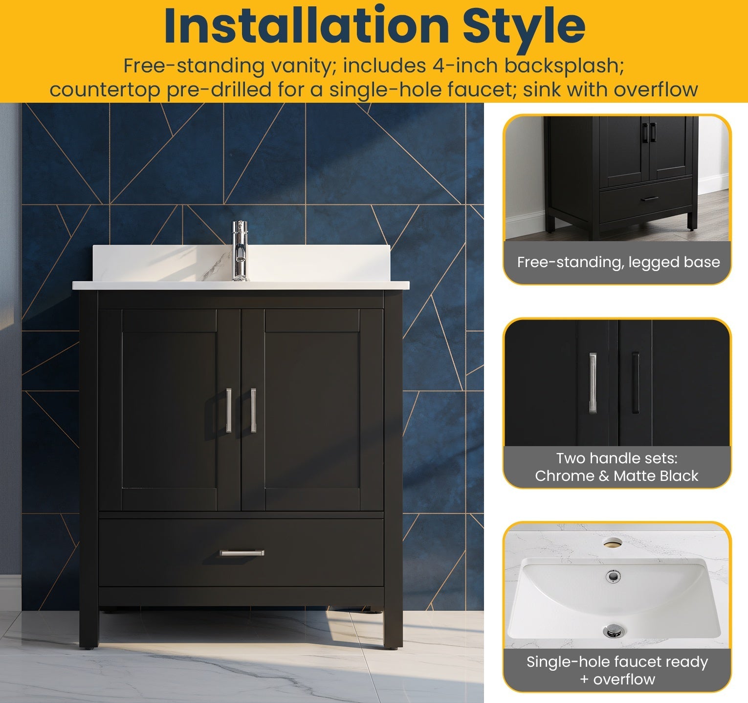 30" Black Freestanding Single Sink Bathroom Vanity with Engineered Calcutta Marble Countertop-Migration_Bathroom Vanities-DECOROLALA