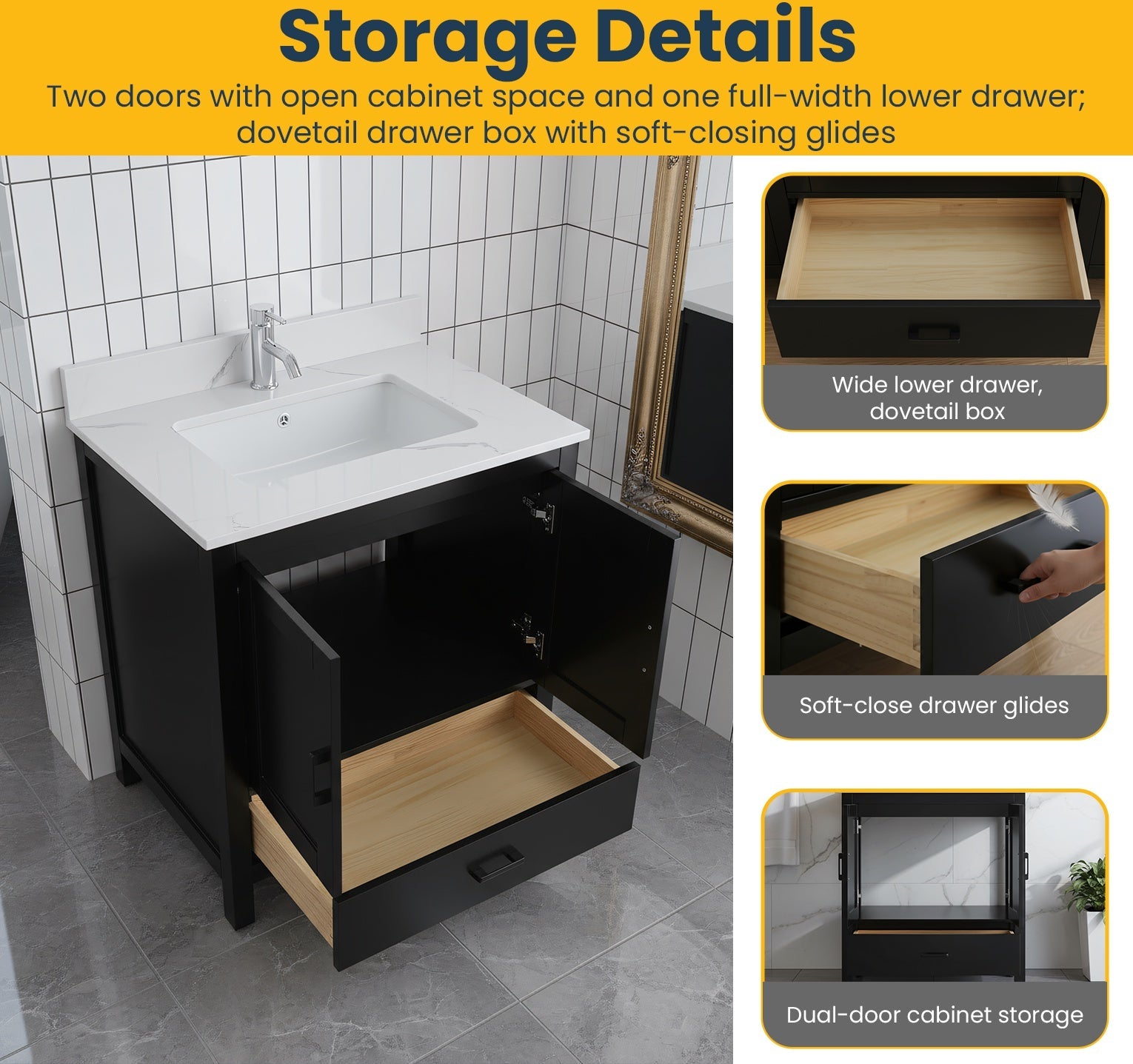 30" Black Freestanding Single Sink Bathroom Vanity with Engineered Calcutta Marble Countertop-Migration_Bathroom Vanities-DECOROLALA