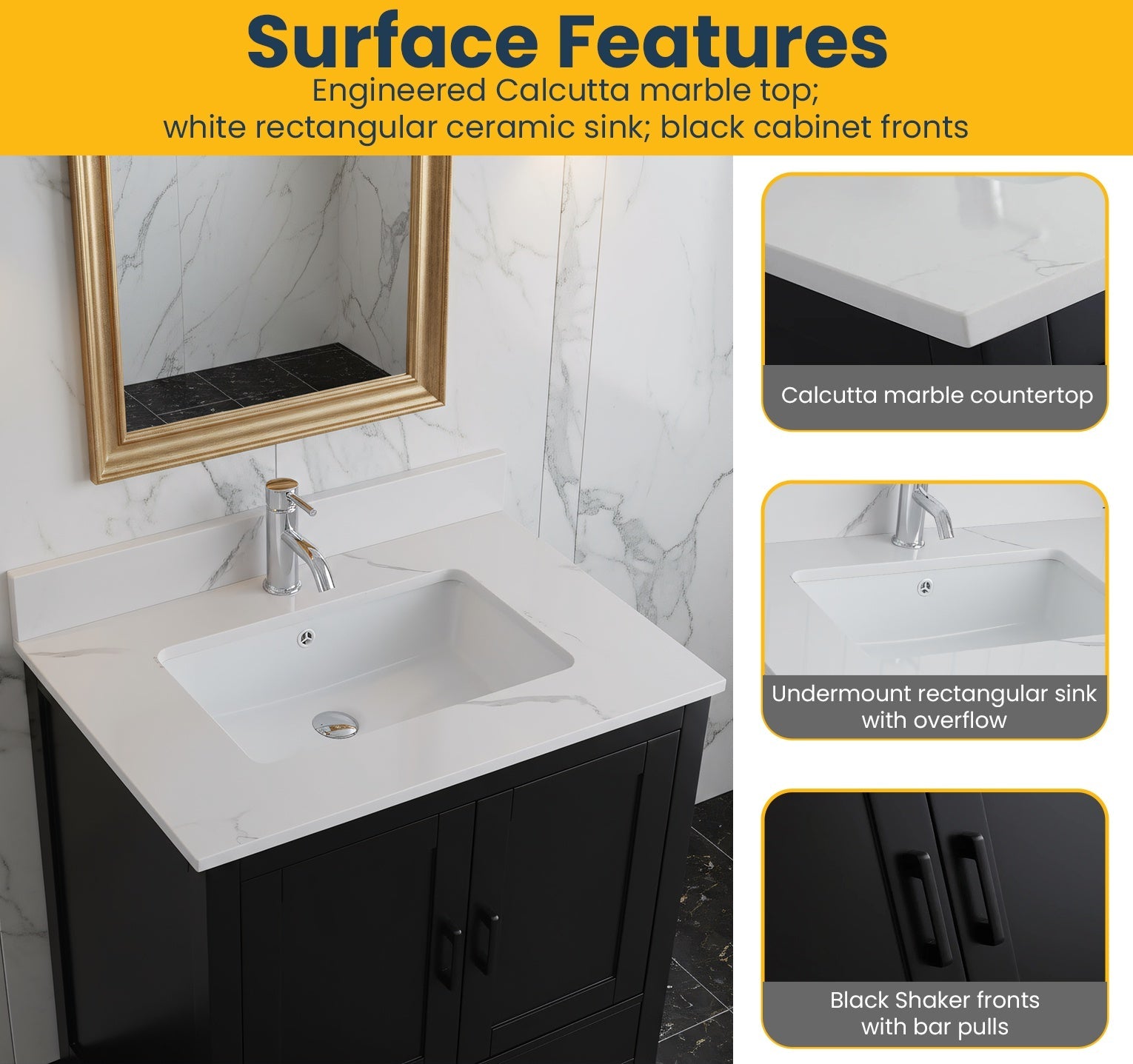 30" Black Freestanding Single Sink Bathroom Vanity with Engineered Calcutta Marble Countertop-Migration_Bathroom Vanities-DECOROLALA