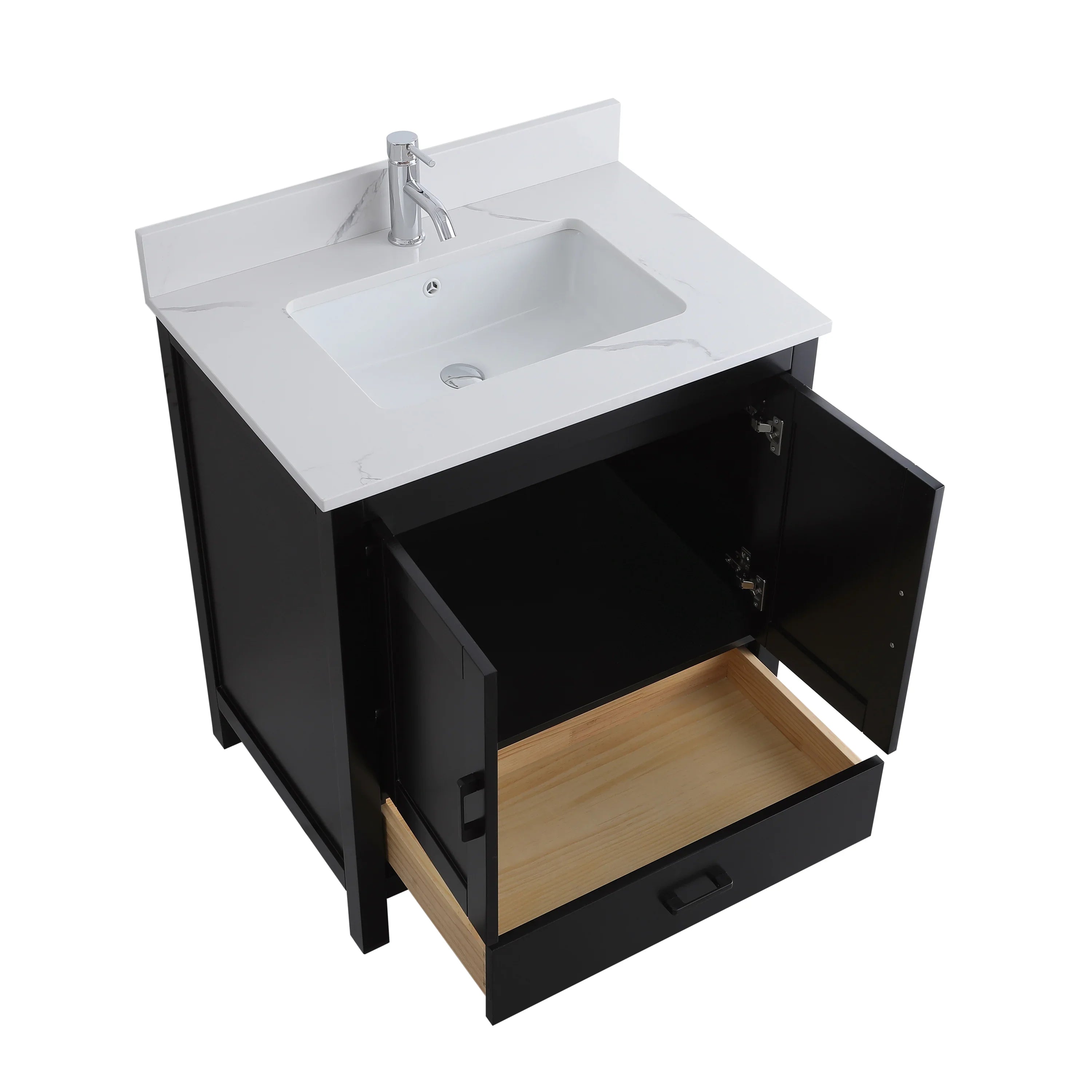 30" Black Freestanding Single Sink Bathroom Vanity with Engineered Calcutta Marble Countertop-Migration_Bathroom Vanities-DECOROLALA
