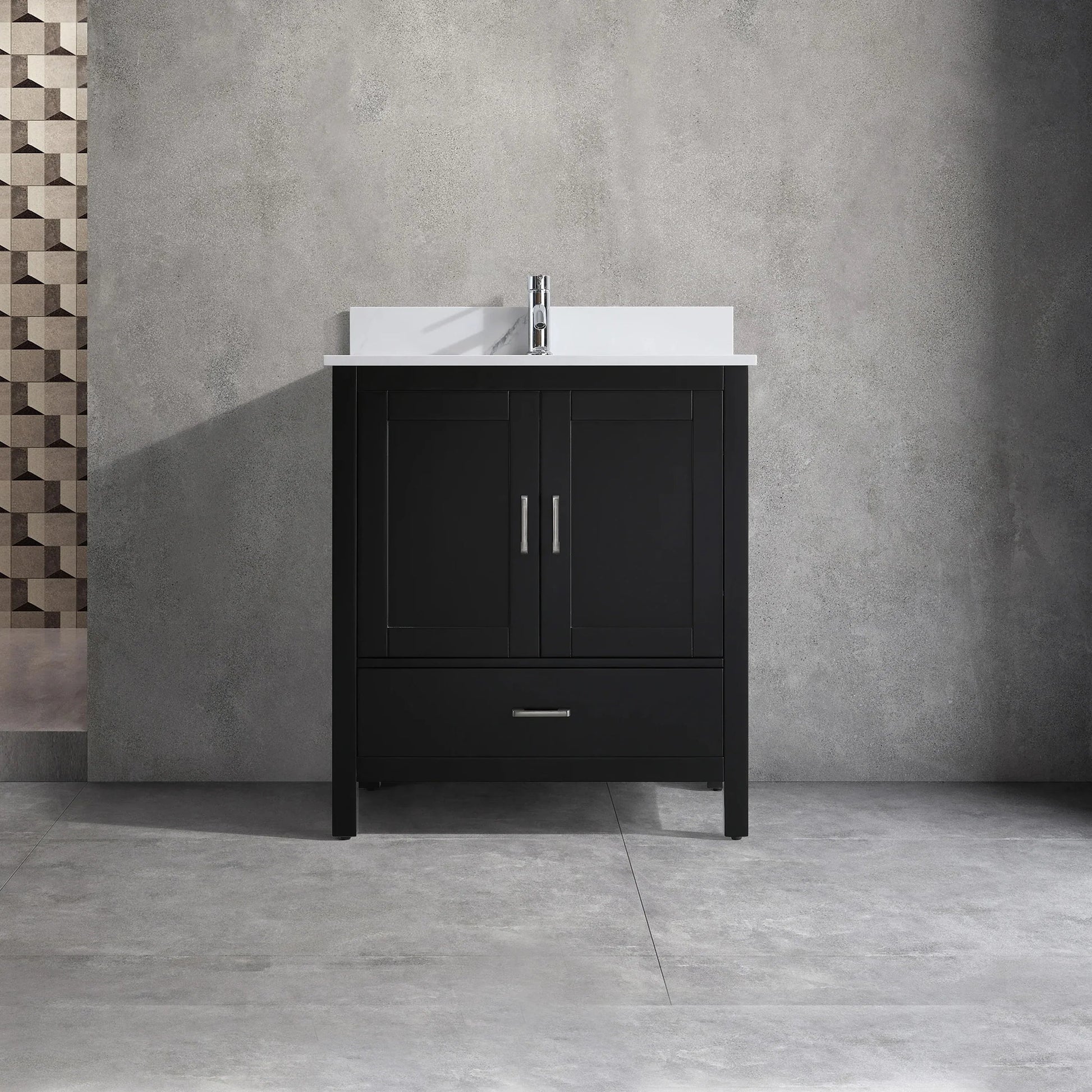 30" Black Freestanding Single Sink Bathroom Vanity with Engineered Calcutta Marble Countertop-Migration_Bathroom Vanities-DECOROLALA