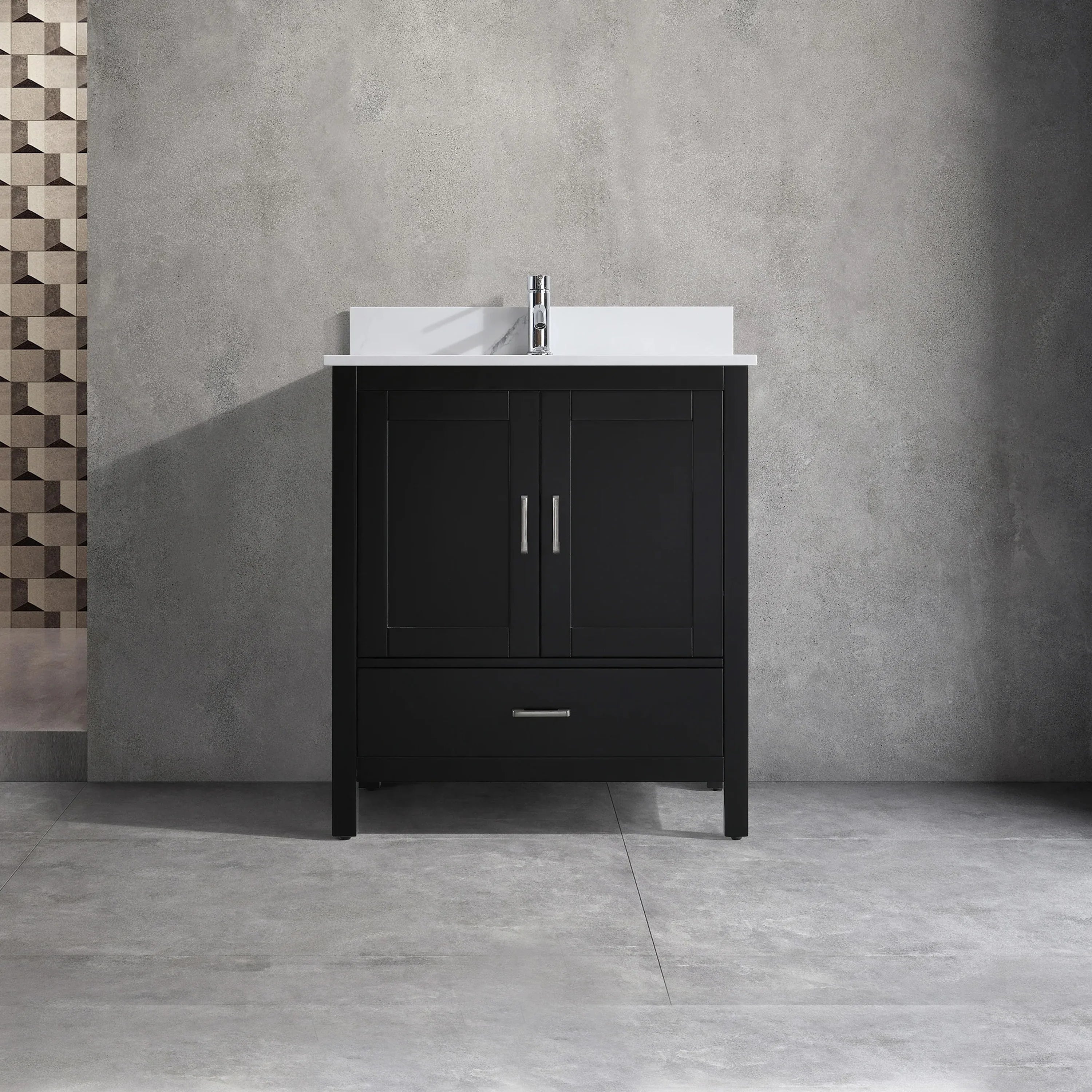 30" Black Freestanding Single Sink Bathroom Vanity with Engineered Calcutta Marble Countertop-Migration_Bathroom Vanities-DECOROLALA