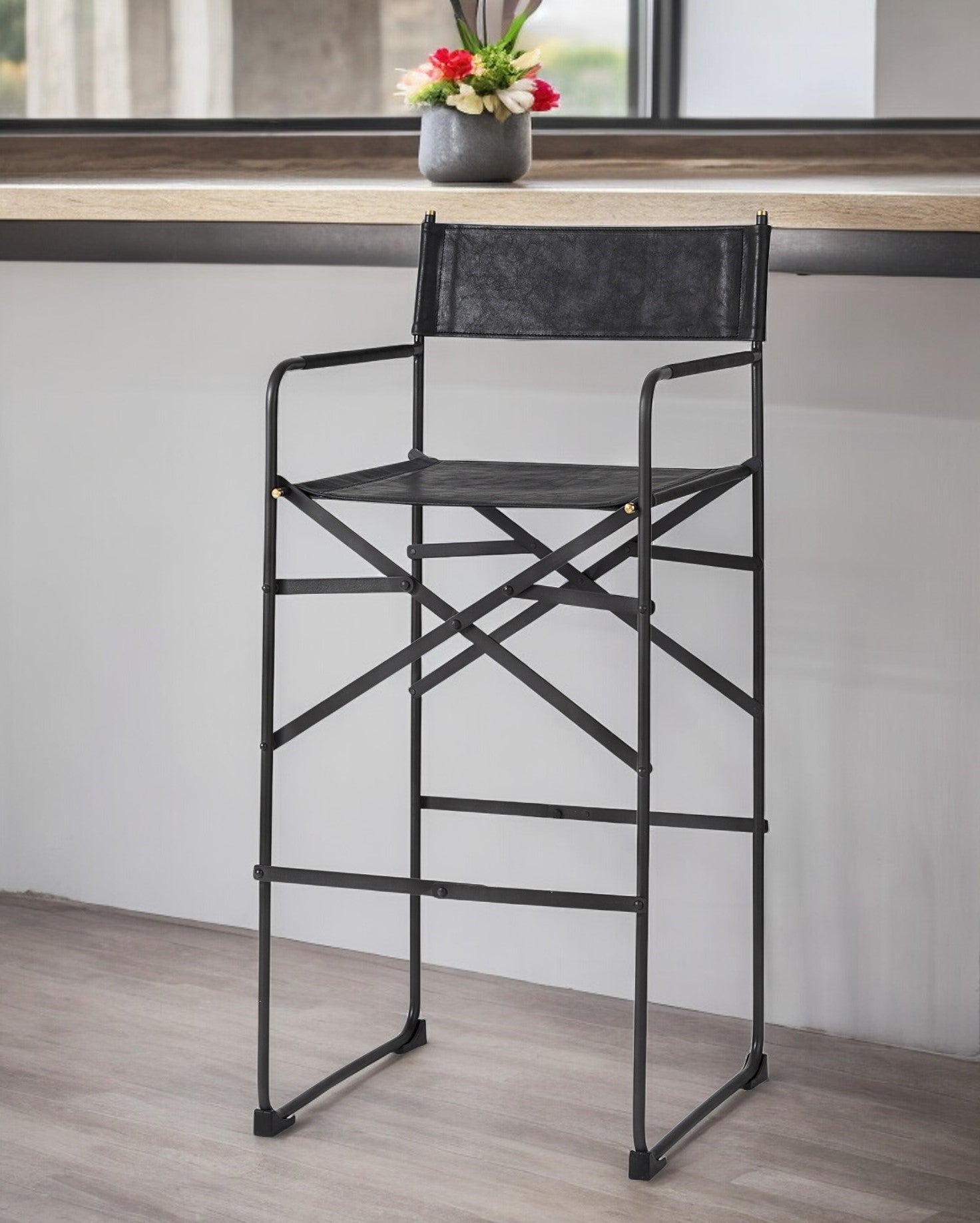 30" Black Leather And Metal Bar Height Bar Chair-Bar Chairs-DECOROLALA
