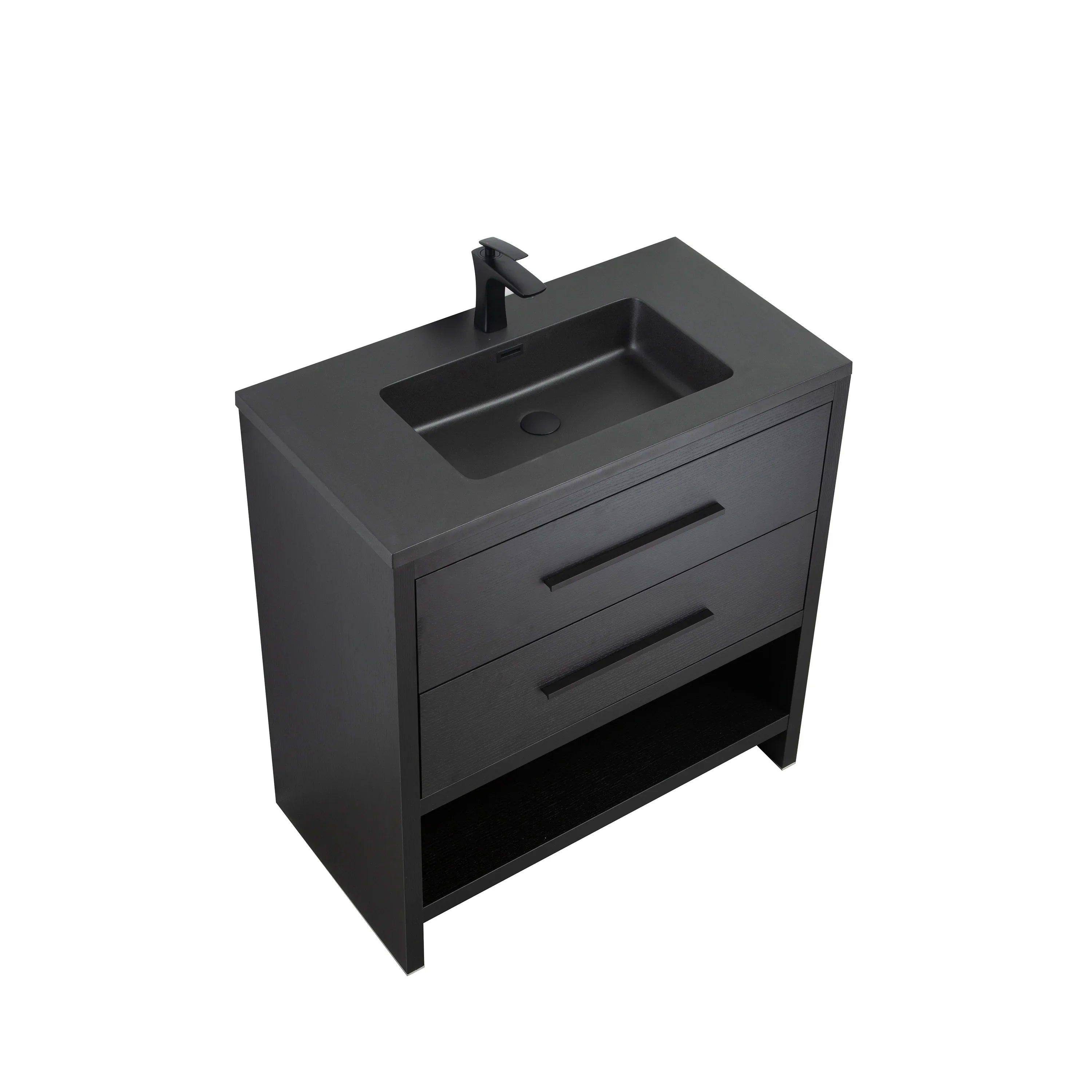 30" Black Oak Freestanding Single Sink Bathroom Vanity with Black Engineered Quartz Countertop-Migration_Bathroom Vanities-DECOROLALA