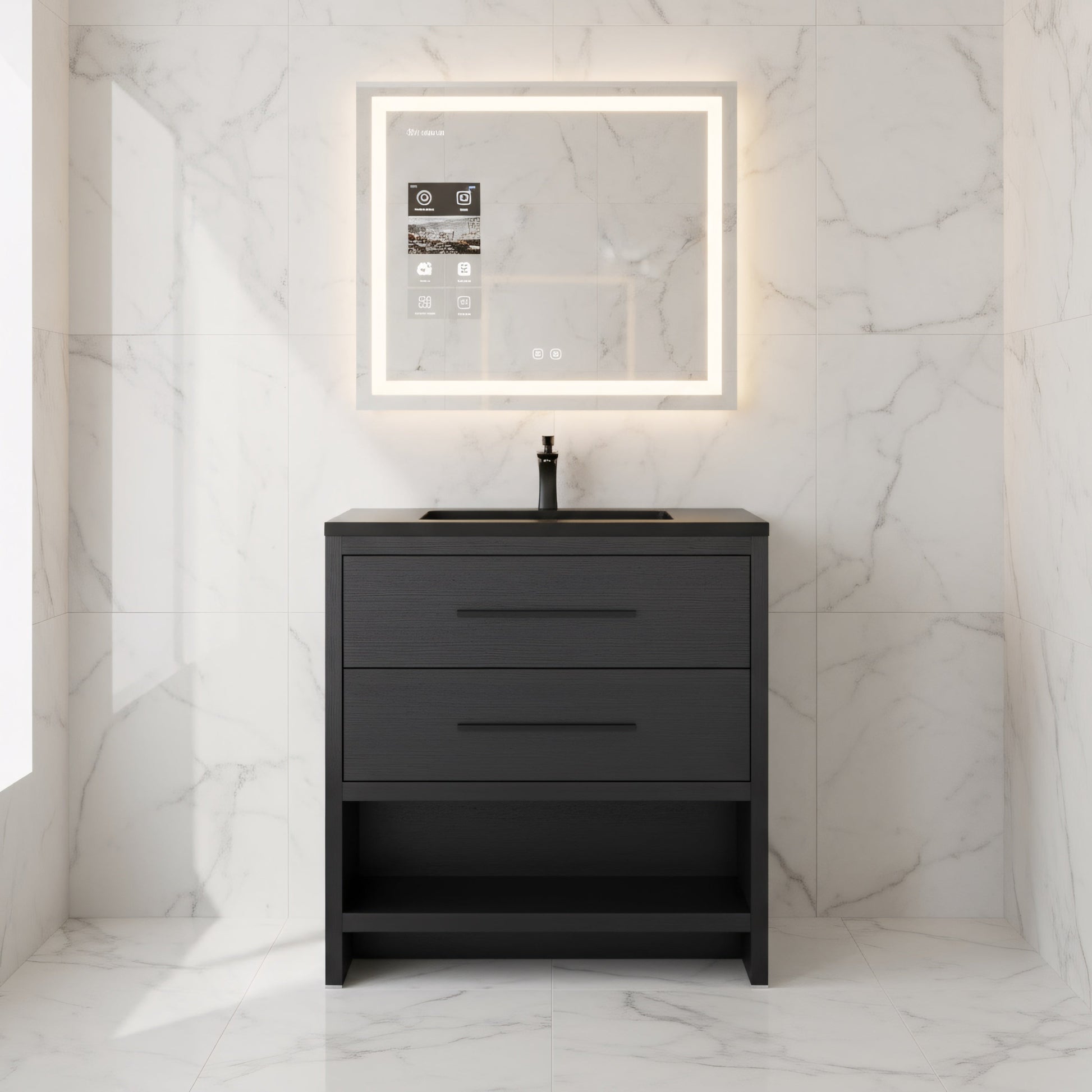 30" Black Oak Freestanding Single Sink Bathroom Vanity with Black Engineered Quartz Countertop-Migration_Bathroom Vanities-DECOROLALA