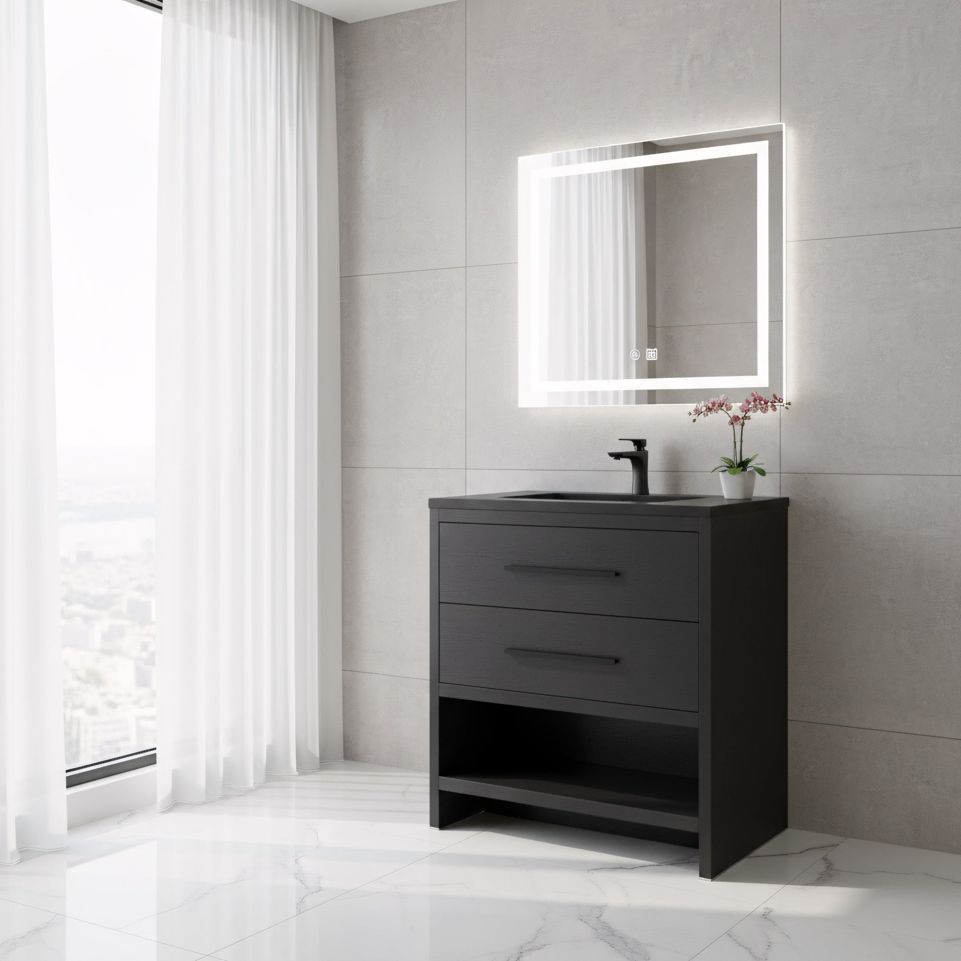 30" Black Oak Freestanding Single Sink Bathroom Vanity with Black Engineered Quartz Countertop-Migration_Bathroom Vanities-DECOROLALA