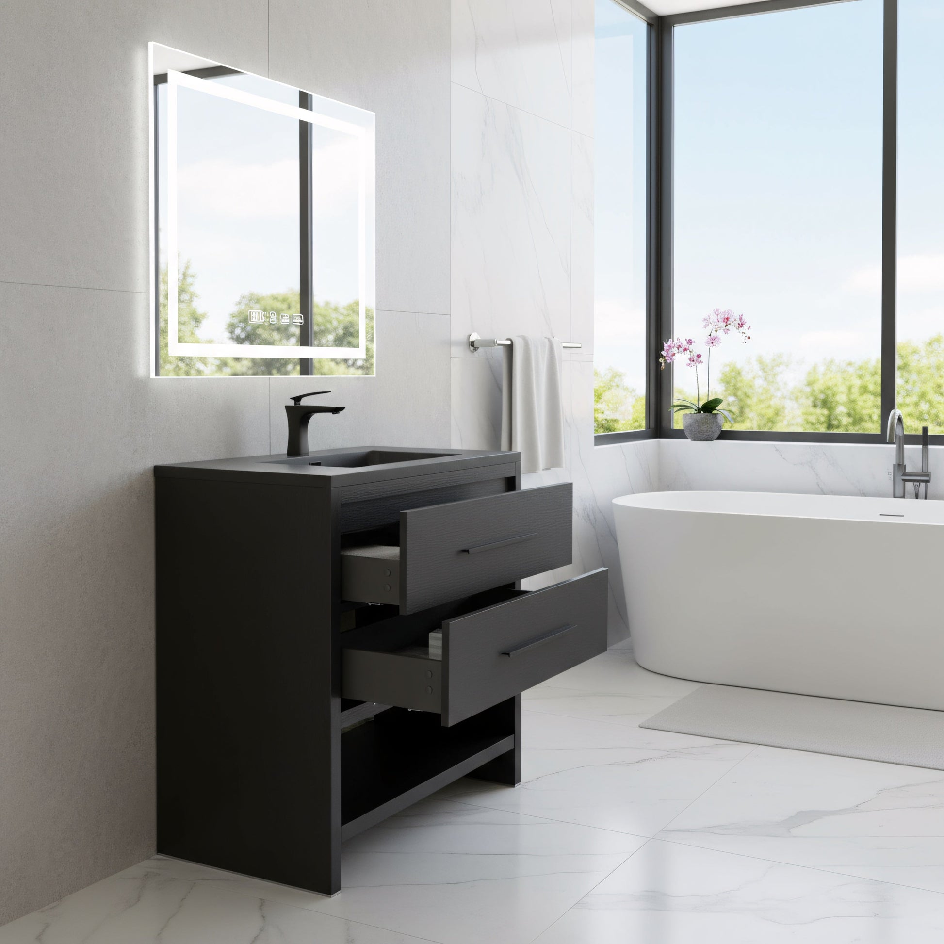 30" Black Oak Freestanding Single Sink Bathroom Vanity with Black Engineered Quartz Countertop-Migration_Bathroom Vanities-DECOROLALA