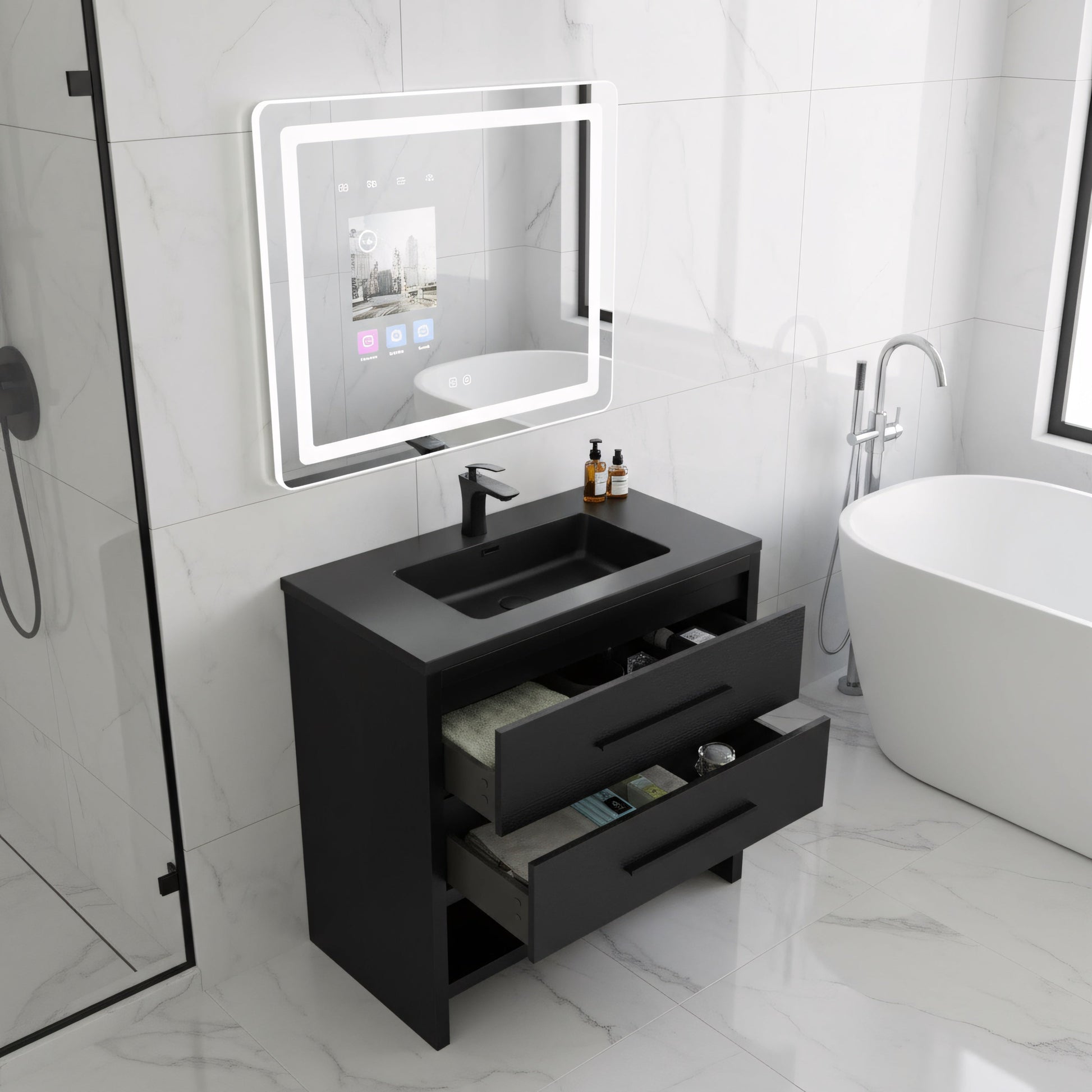 30" Black Oak Freestanding Single Sink Bathroom Vanity with Black Engineered Quartz Countertop-Migration_Bathroom Vanities-DECOROLALA