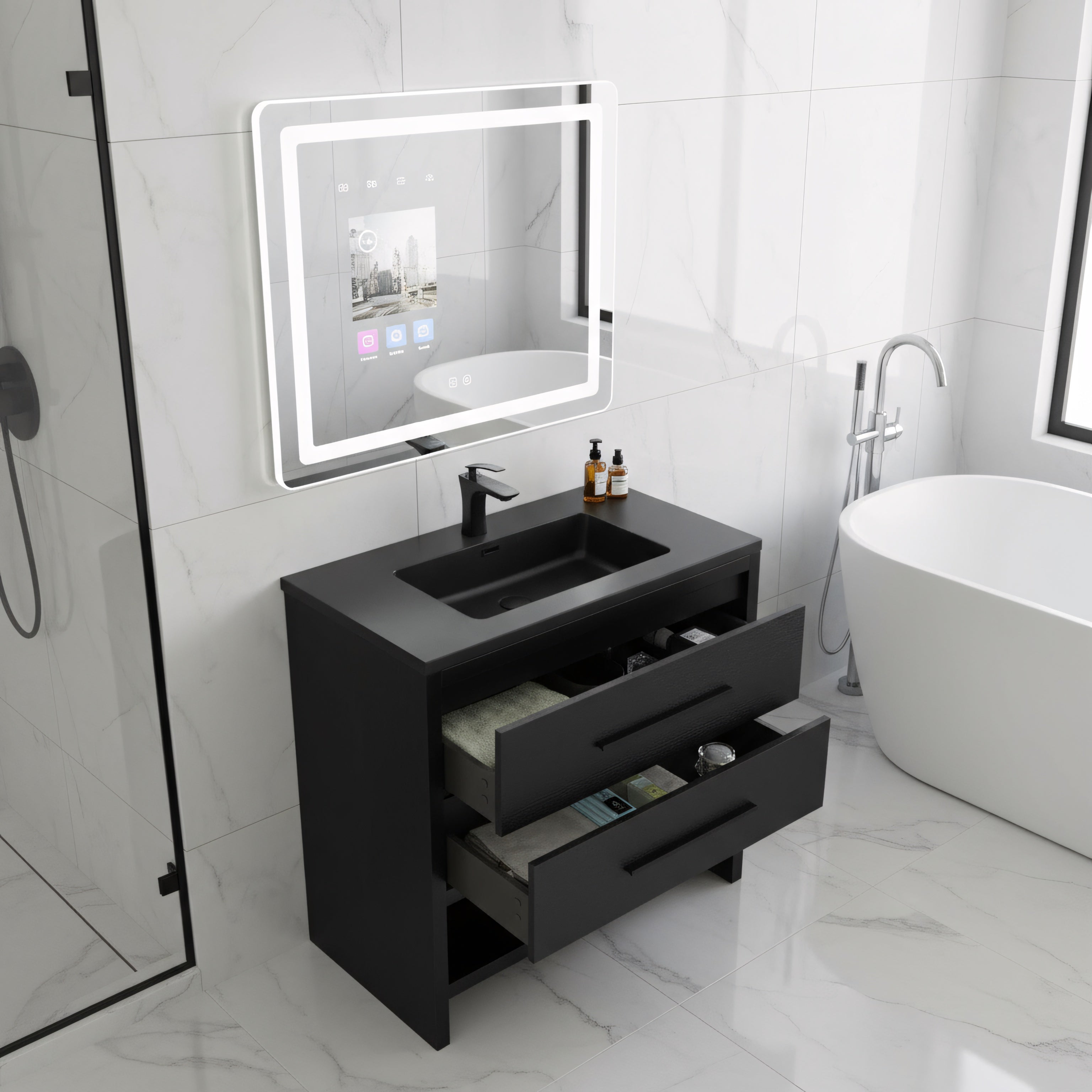 30" Black Oak Freestanding Single Sink Bathroom Vanity with Black Engineered Quartz Countertop-Migration_Bathroom Vanities-DECOROLALA