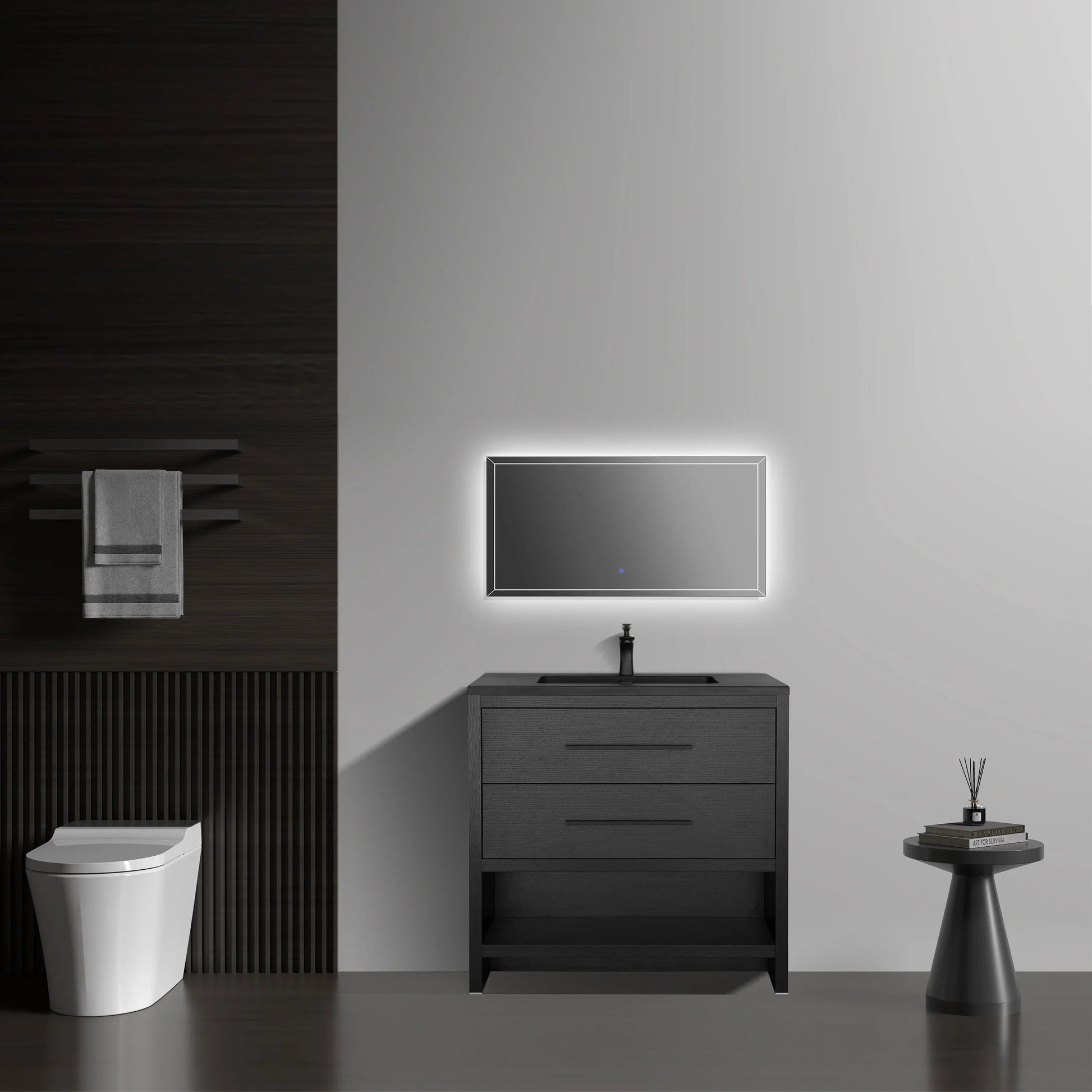 30" Black Oak Freestanding Single Sink Bathroom Vanity with Black Engineered Quartz Countertop-Migration_Bathroom Vanities-DECOROLALA