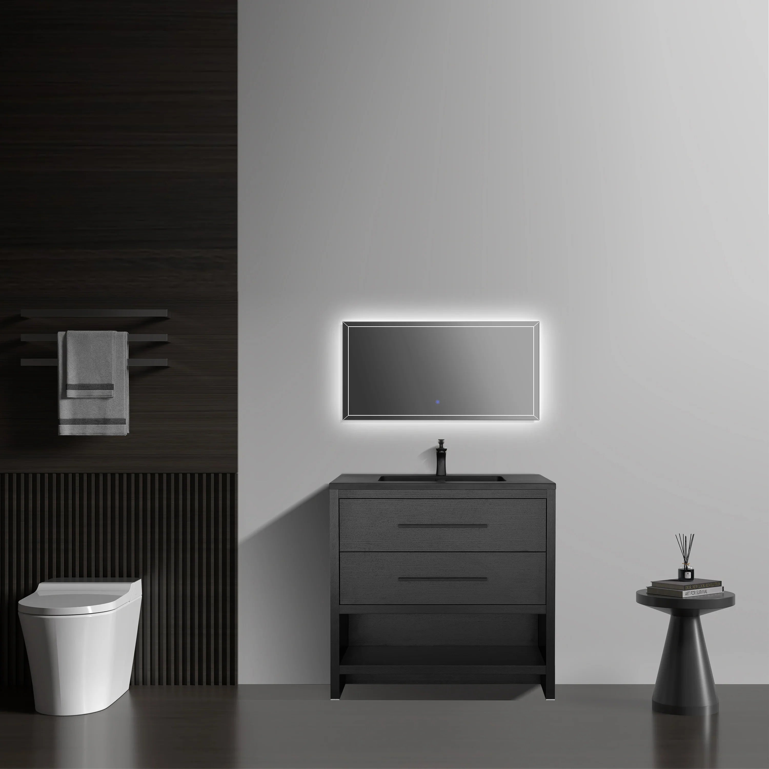 30" Black Oak Freestanding Single Sink Bathroom Vanity with Black Engineered Quartz Countertop-Migration_Bathroom Vanities-DECOROLALA