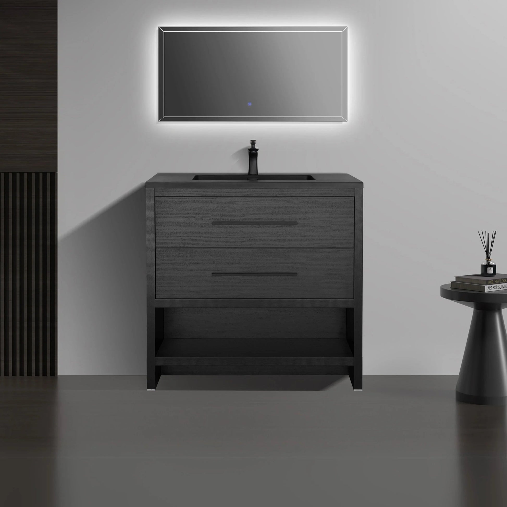 30" Black Oak Freestanding Single Sink Bathroom Vanity with Black Engineered Quartz Countertop-Migration_Bathroom Vanities-DECOROLALA