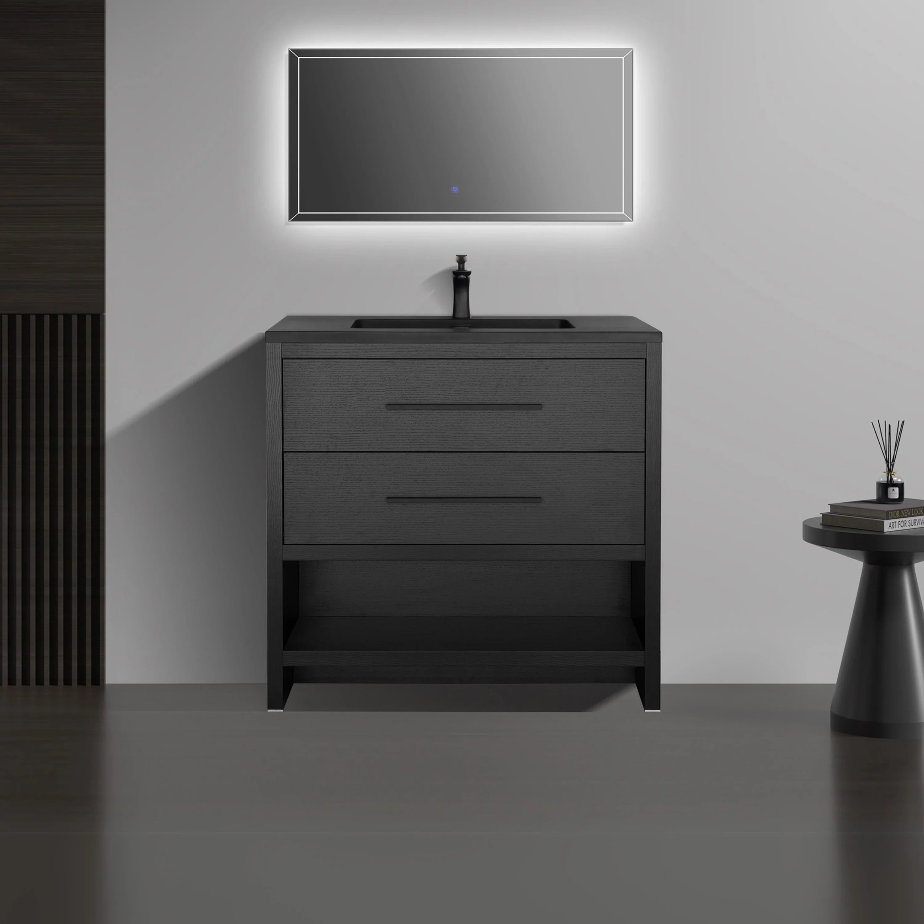 30" Black Oak Freestanding Single Sink Bathroom Vanity with Black Engineered Quartz Countertop-Migration_Bathroom Vanities-DECOROLALA