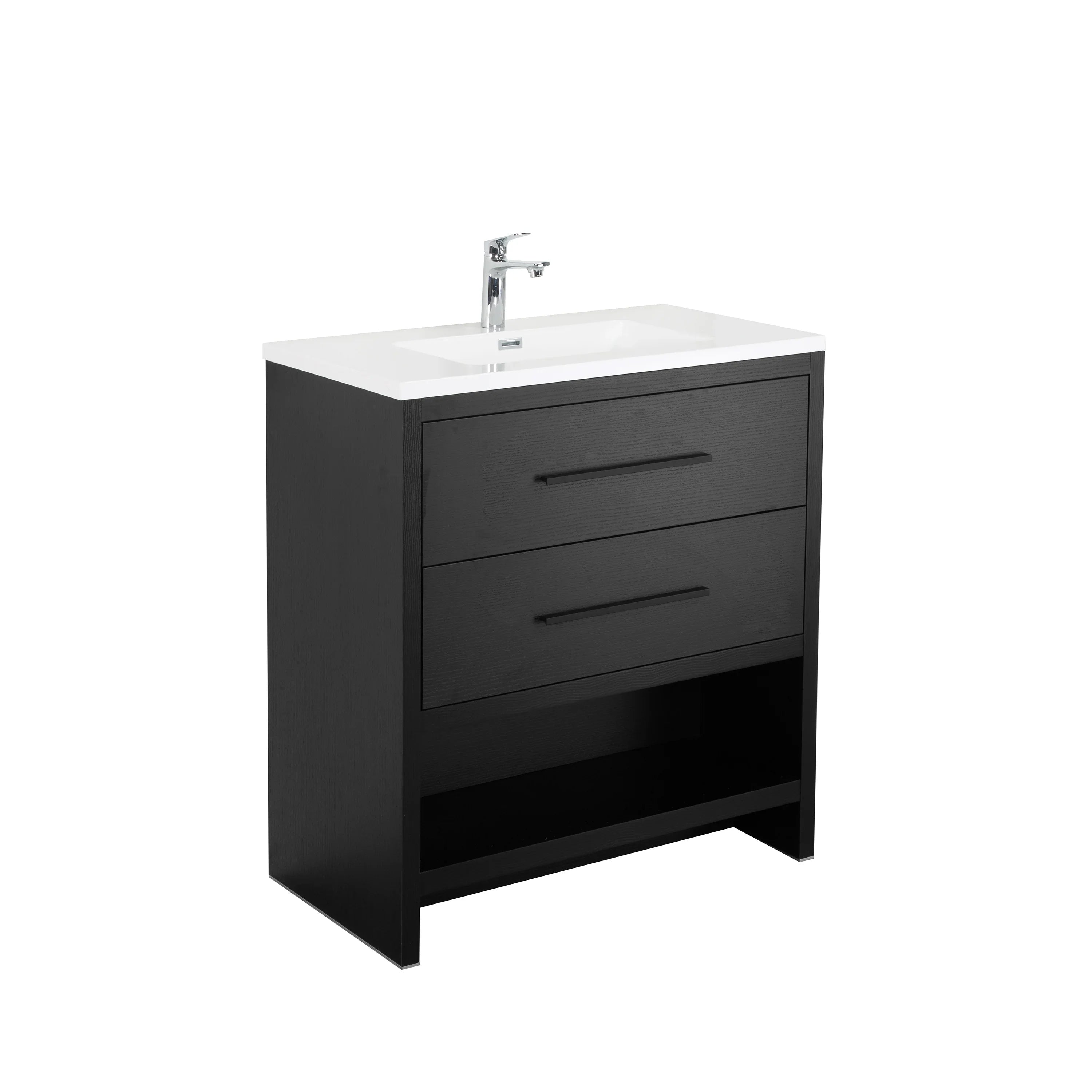 30" Black Oak Freestanding Single Sink Bathroom Vanity with White Polymarble Countertop-Migration_Bathroom Vanities-DECOROLALA