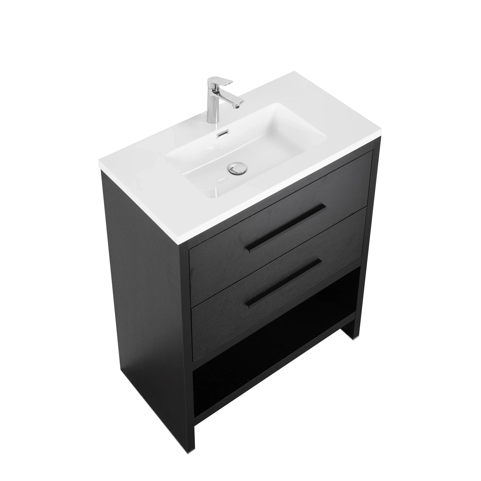 30" Black Oak Freestanding Single Sink Bathroom Vanity with White Polymarble Countertop-Migration_Bathroom Vanities-DECOROLALA