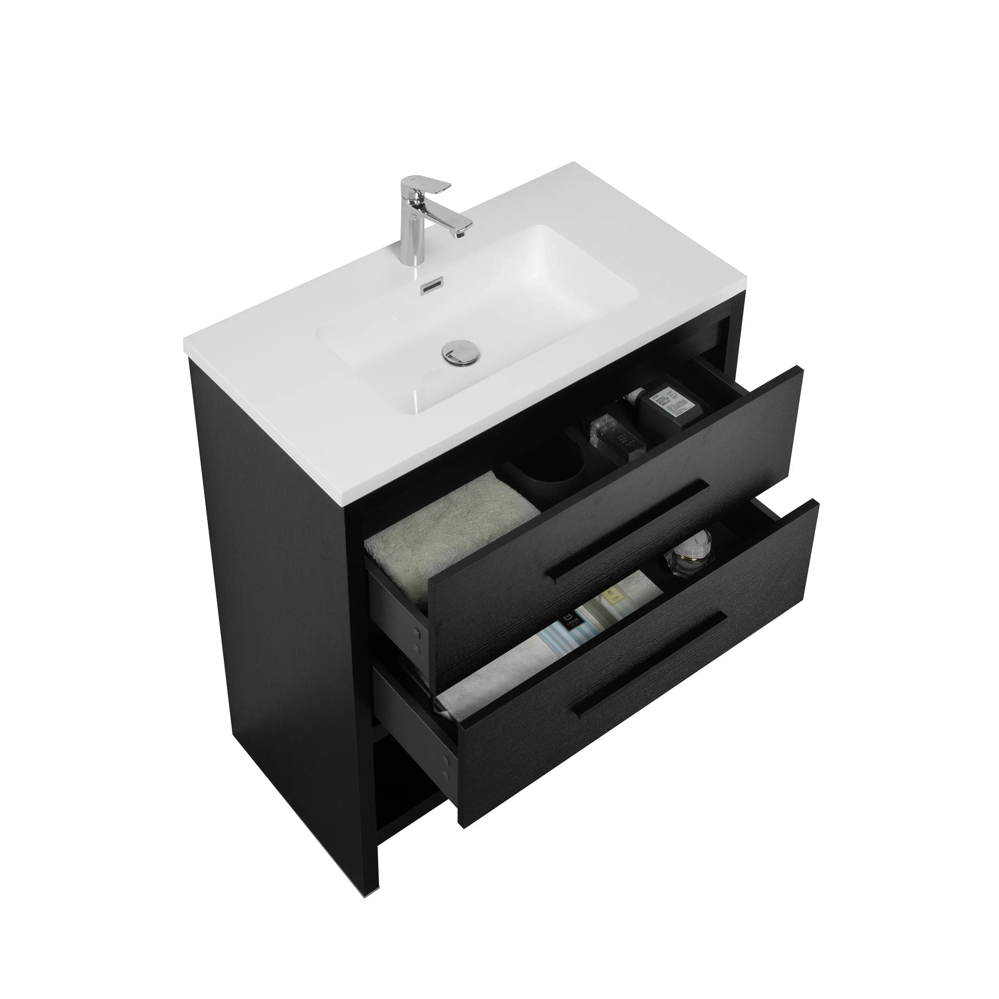 30" Black Oak Freestanding Single Sink Bathroom Vanity with White Polymarble Countertop-Migration_Bathroom Vanities-DECOROLALA