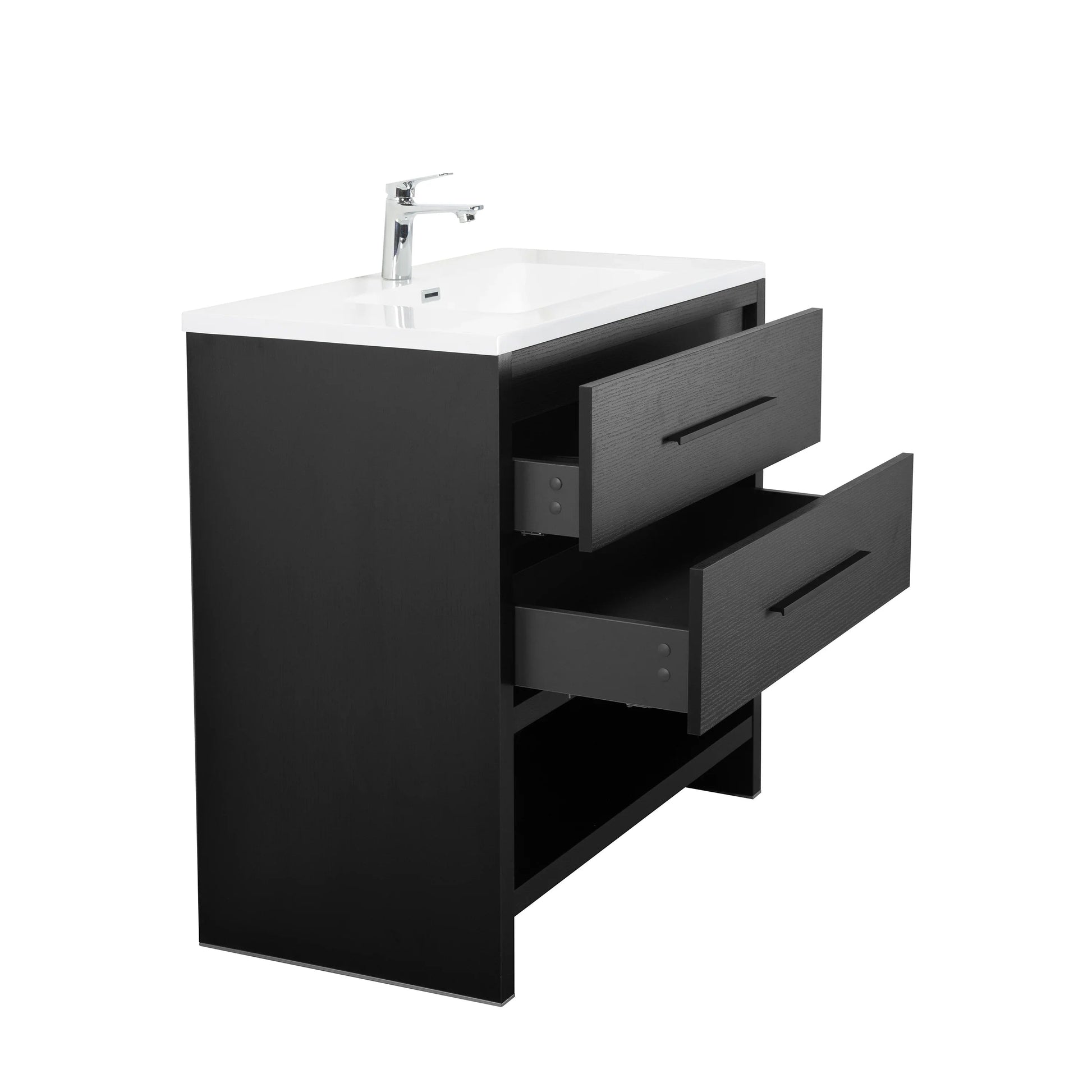 30" Black Oak Freestanding Single Sink Bathroom Vanity with White Polymarble Countertop-Migration_Bathroom Vanities-DECOROLALA