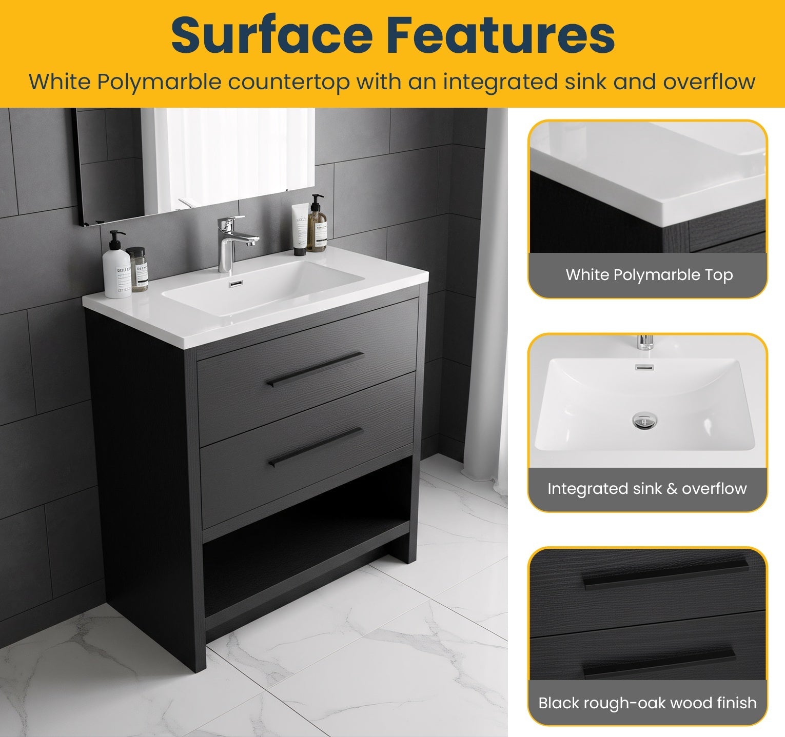 30" Black Oak Freestanding Single Sink Bathroom Vanity with White Polymarble Countertop-Migration_Bathroom Vanities-DECOROLALA