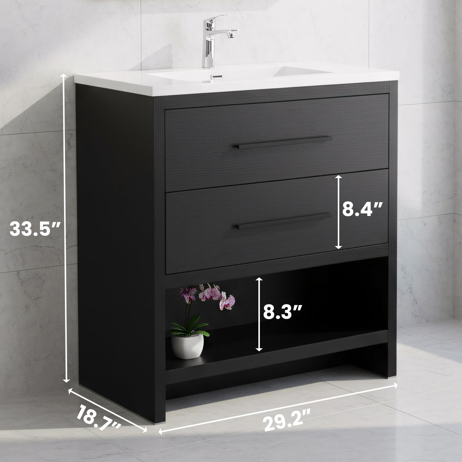 30" Black Oak Freestanding Single Sink Bathroom Vanity with White Polymarble Countertop-Migration_Bathroom Vanities-DECOROLALA
