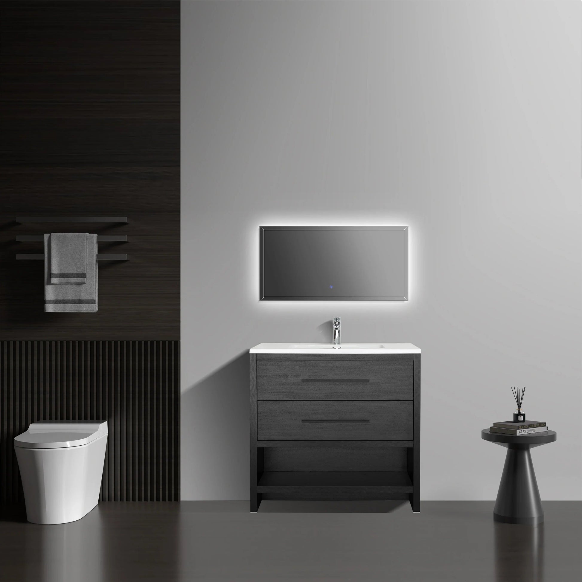 30" Black Oak Freestanding Single Sink Bathroom Vanity with White Polymarble Countertop-Migration_Bathroom Vanities-DECOROLALA