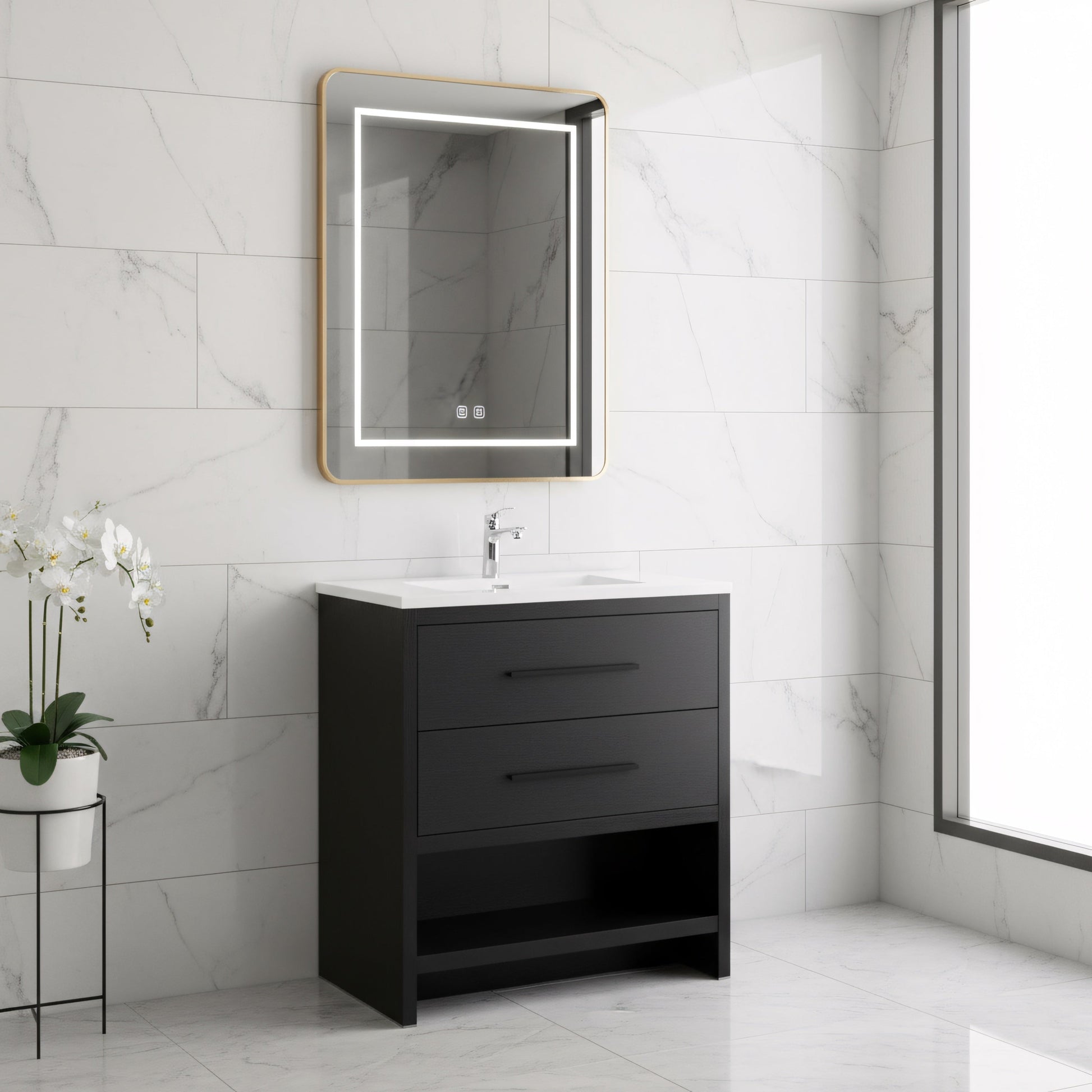 30" Black Oak Freestanding Single Sink Bathroom Vanity with White Polymarble Countertop-Migration_Bathroom Vanities-DECOROLALA