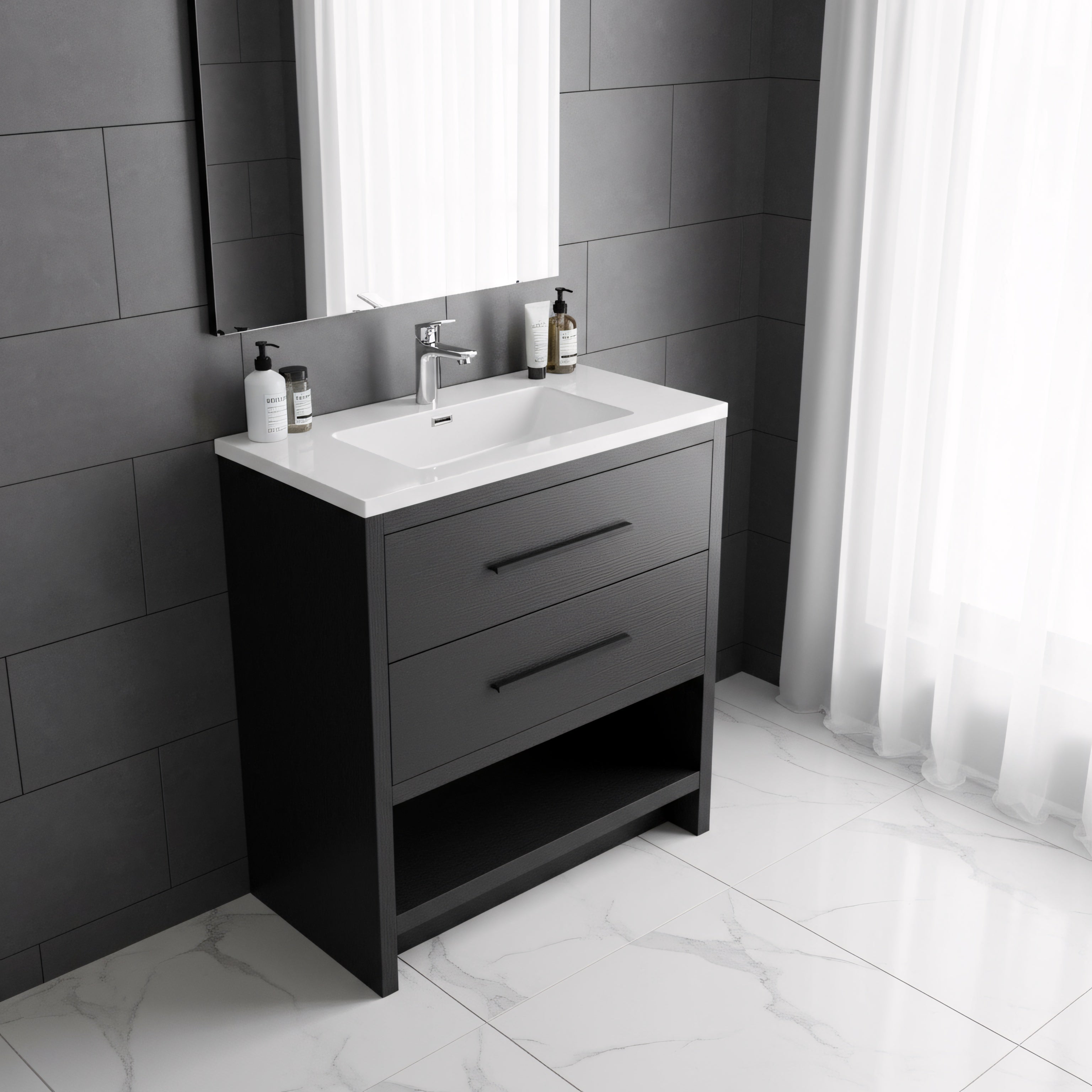 30" Black Oak Freestanding Single Sink Bathroom Vanity with White Polymarble Countertop-Migration_Bathroom Vanities-DECOROLALA