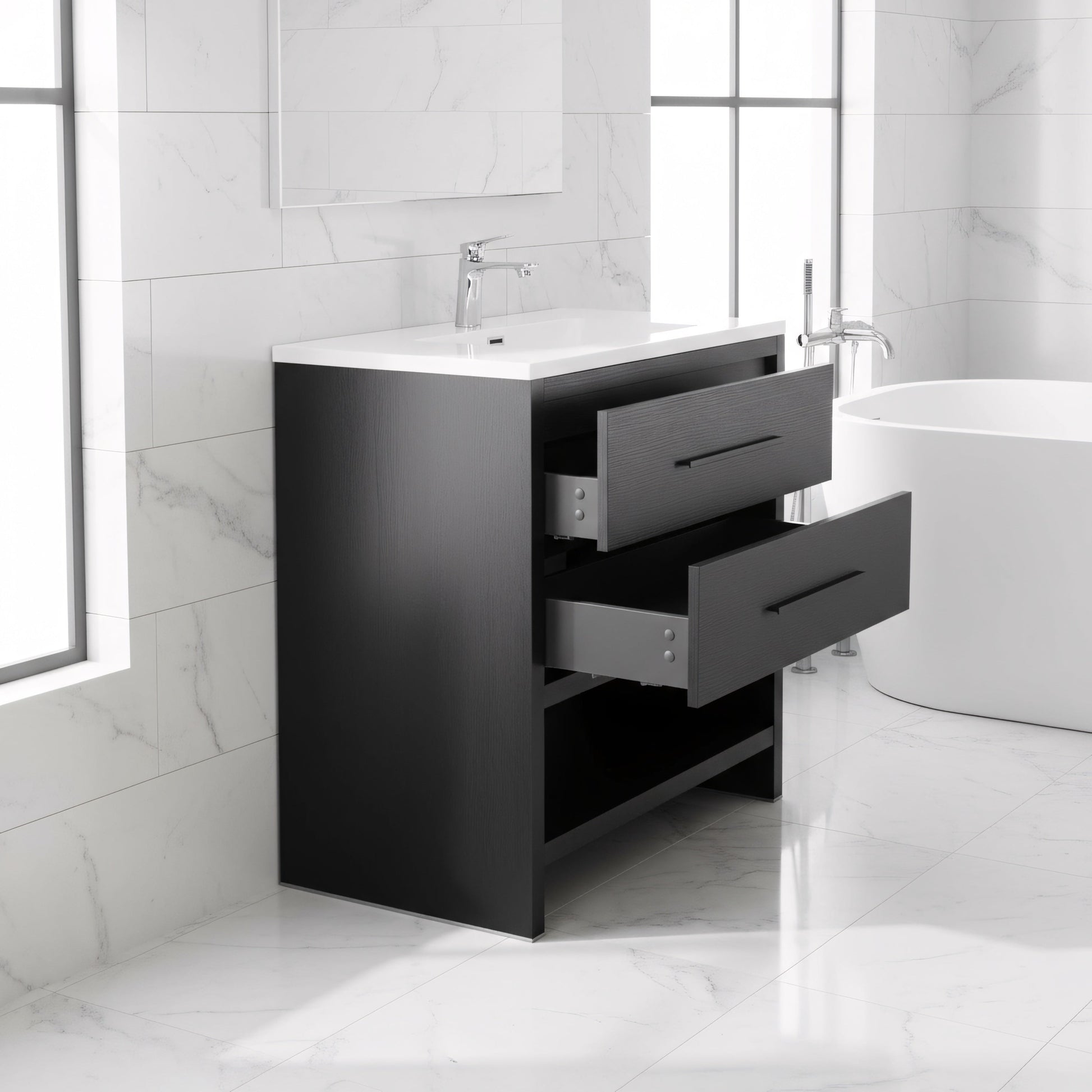 30" Black Oak Freestanding Single Sink Bathroom Vanity with White Polymarble Countertop-Migration_Bathroom Vanities-DECOROLALA