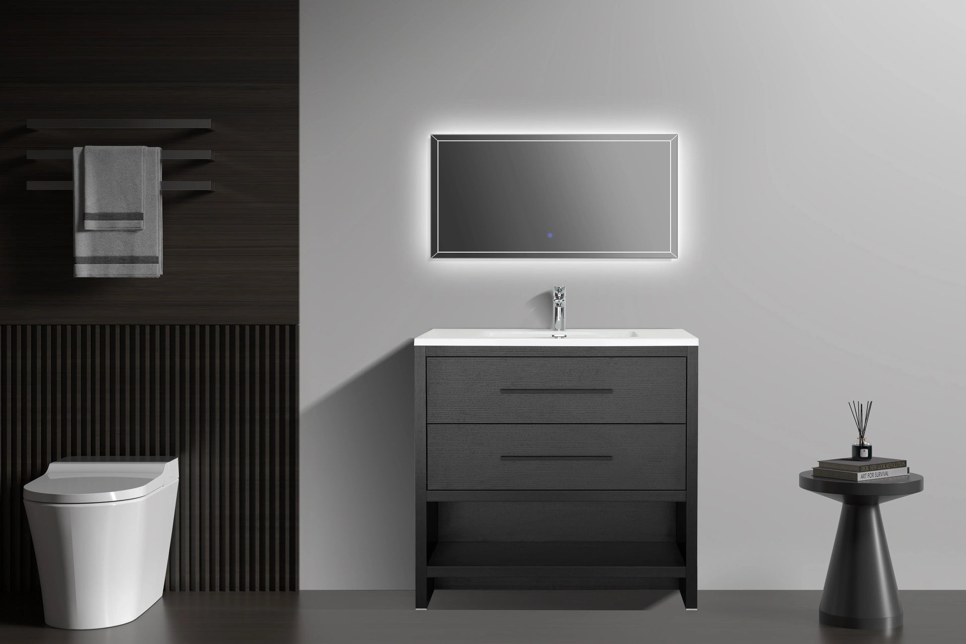 30" Black Oak Freestanding Single Sink Bathroom Vanity with White Polymarble Countertop-Migration_Bathroom Vanities-DECOROLALA