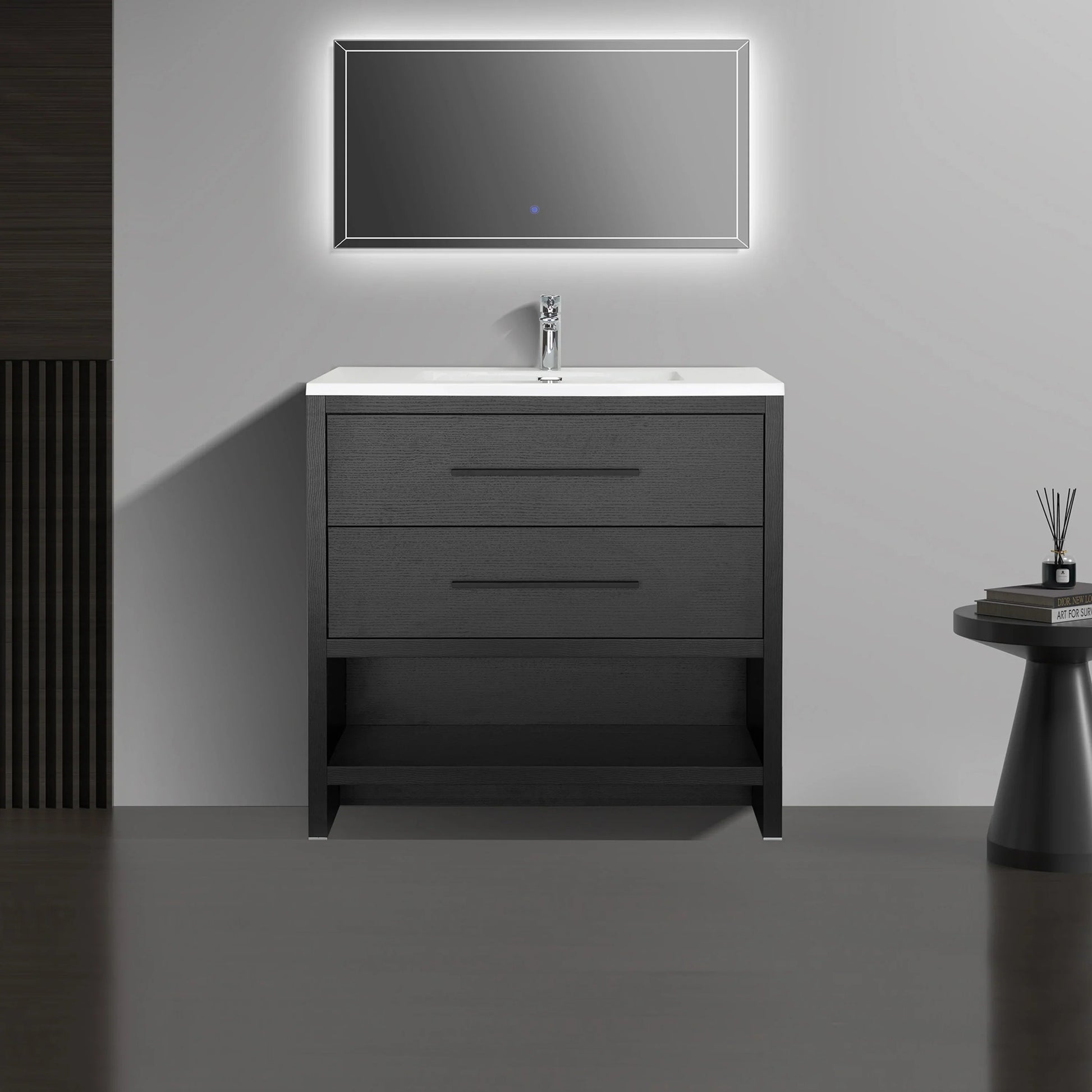 30" Black Oak Freestanding Single Sink Bathroom Vanity with White Polymarble Countertop-Migration_Bathroom Vanities-DECOROLALA