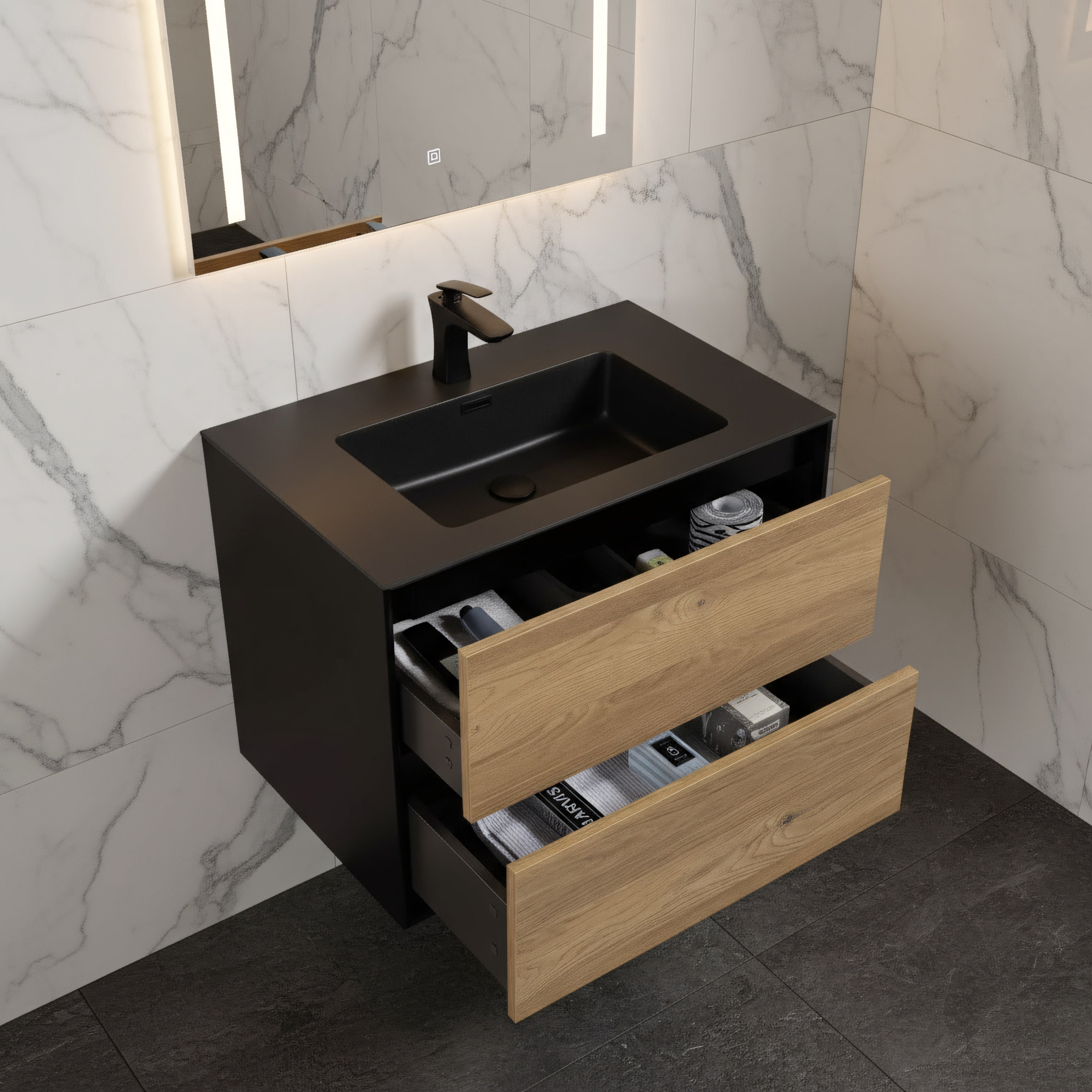30" Black & Rough Oak Wall Mount Vanity with Black Engineered Quartz Countertop-Migration_Bathroom Vanities-DECOROLALA