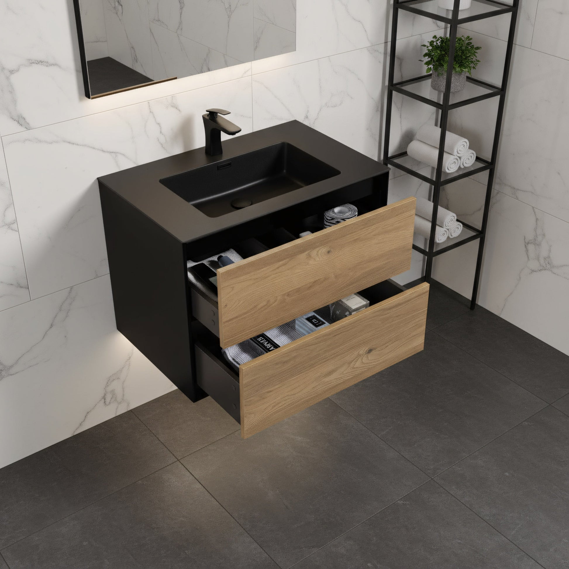 30" Black & Rough Oak Wall Mount Vanity with Black Engineered Quartz Countertop-Migration_Bathroom Vanities-DECOROLALA