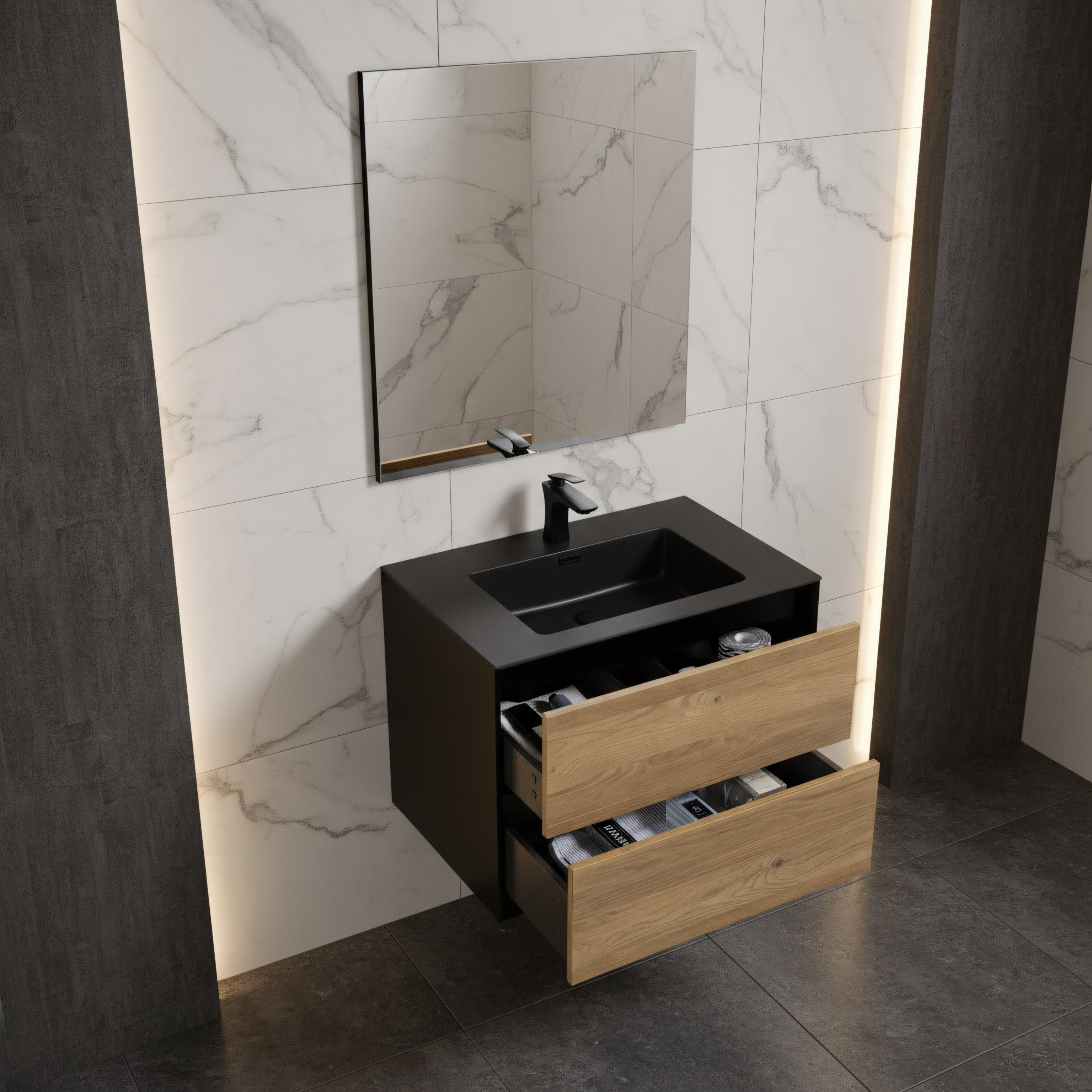 30" Black & Rough Oak Wall Mount Vanity with Black Engineered Quartz Countertop-Migration_Bathroom Vanities-DECOROLALA