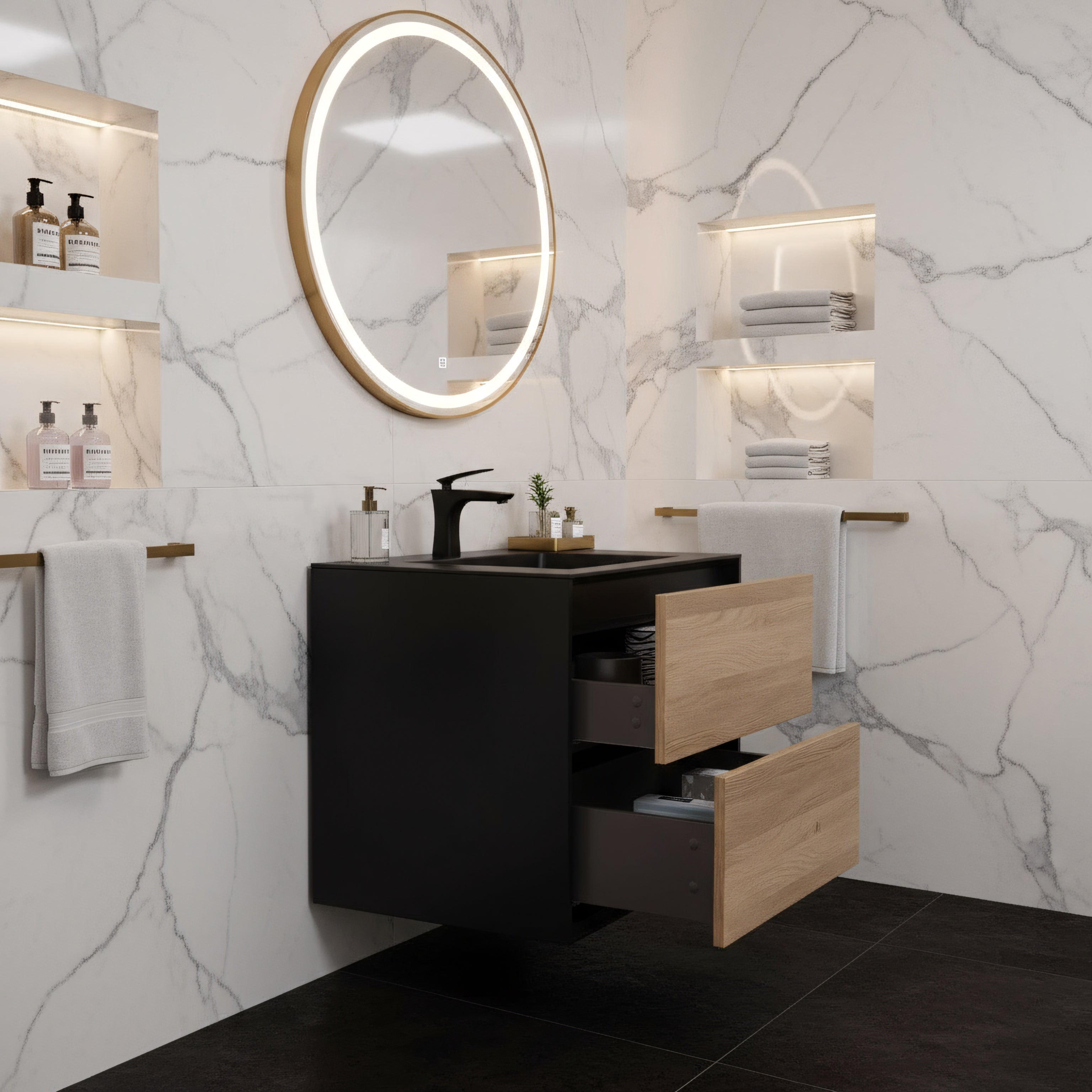 30" Black & Rough Oak Wall Mount Vanity with Black Engineered Quartz Countertop-Migration_Bathroom Vanities-DECOROLALA