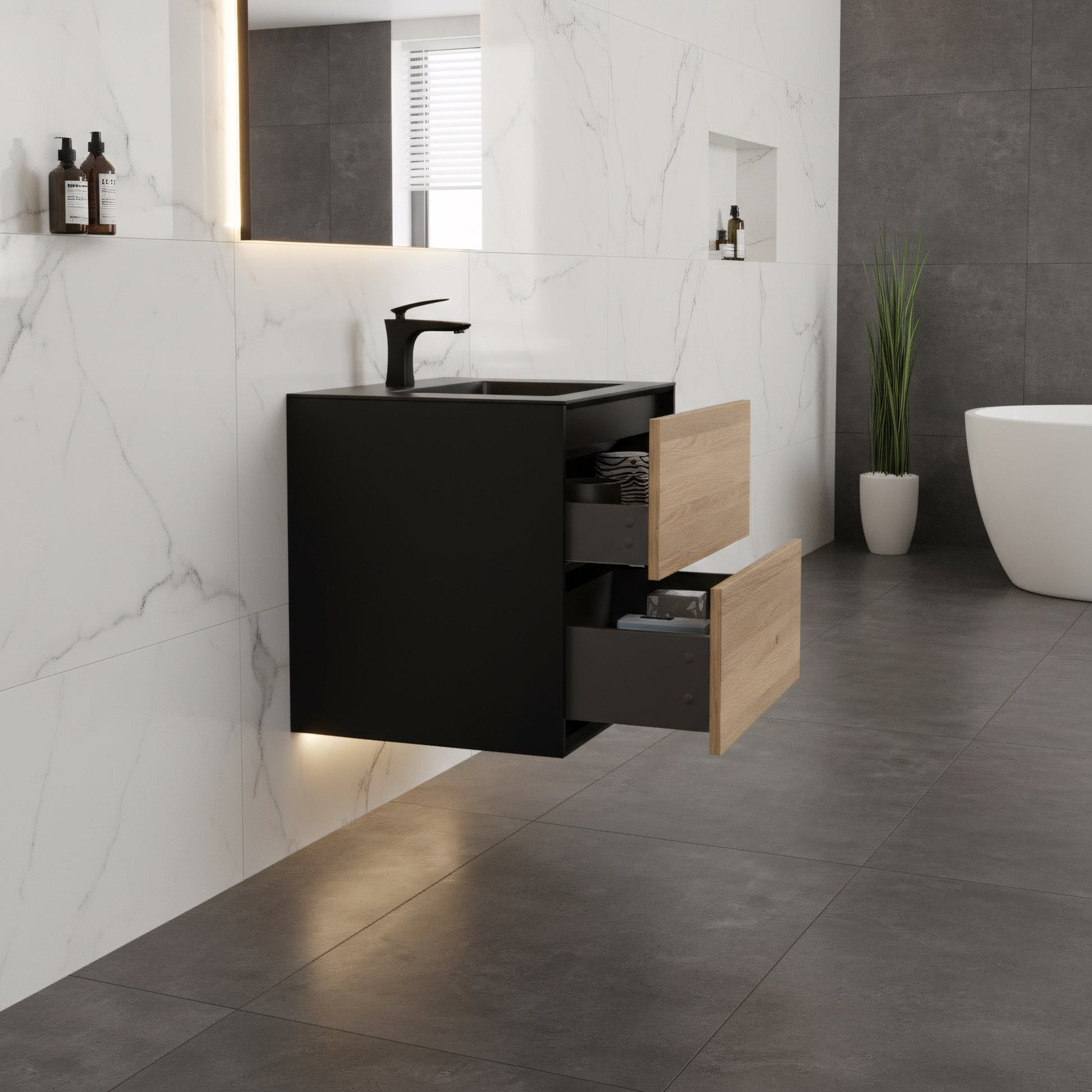 30" Black & Rough Oak Wall Mount Vanity with Black Engineered Quartz Countertop-Migration_Bathroom Vanities-DECOROLALA