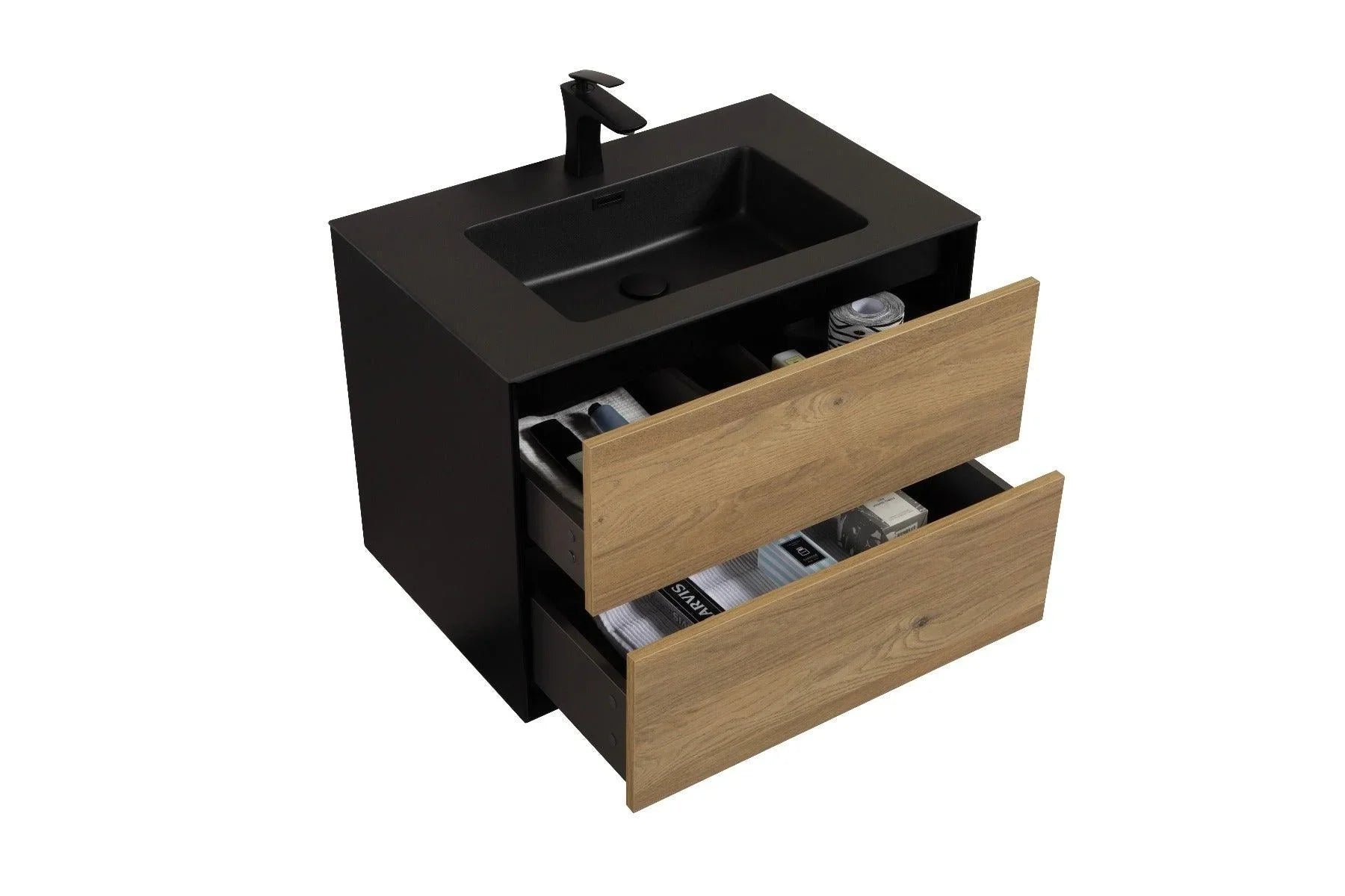 30" Black & Rough Oak Wall Mount Vanity with Black Engineered Quartz Countertop-Migration_Bathroom Vanities-DECOROLALA
