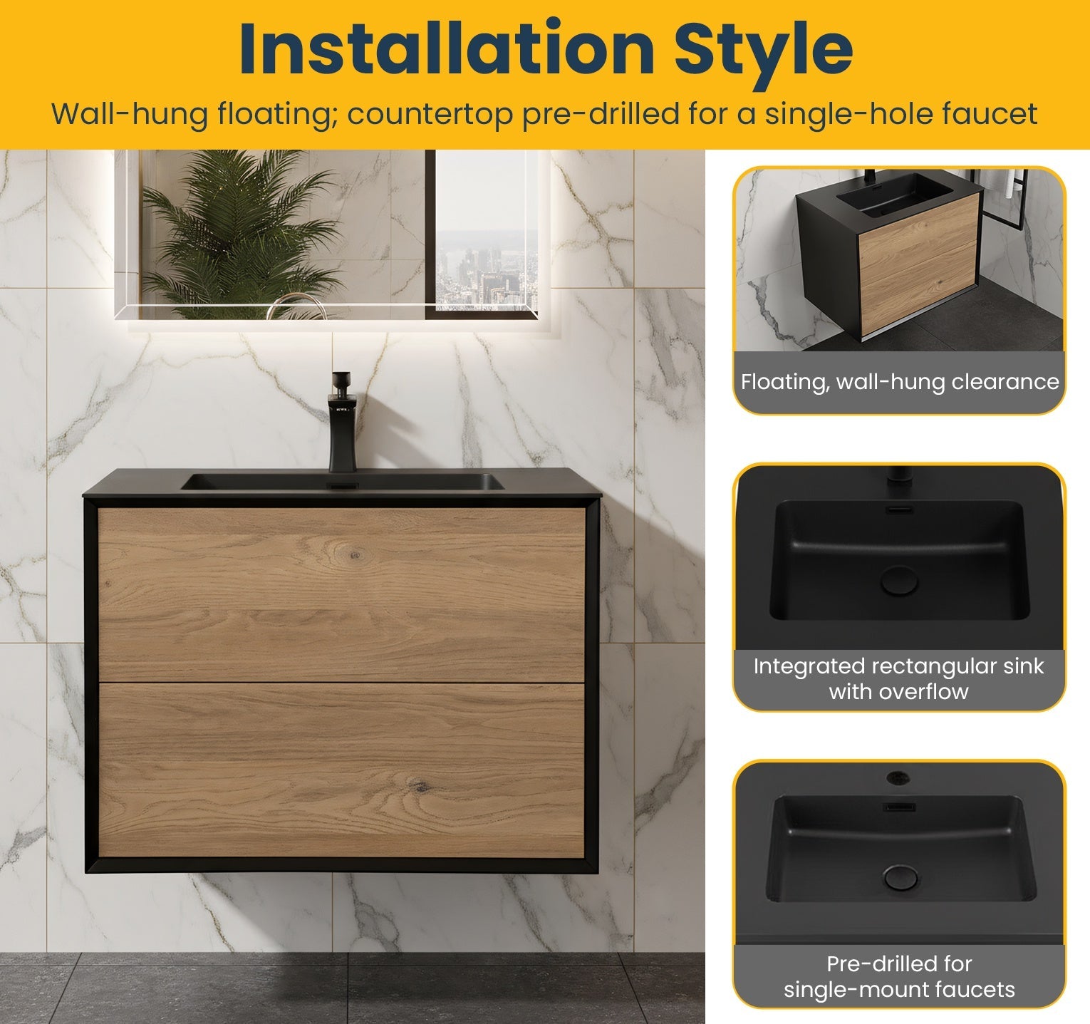 30" Black & Rough Oak Wall Mount Vanity with Black Engineered Quartz Countertop-Migration_Bathroom Vanities-DECOROLALA