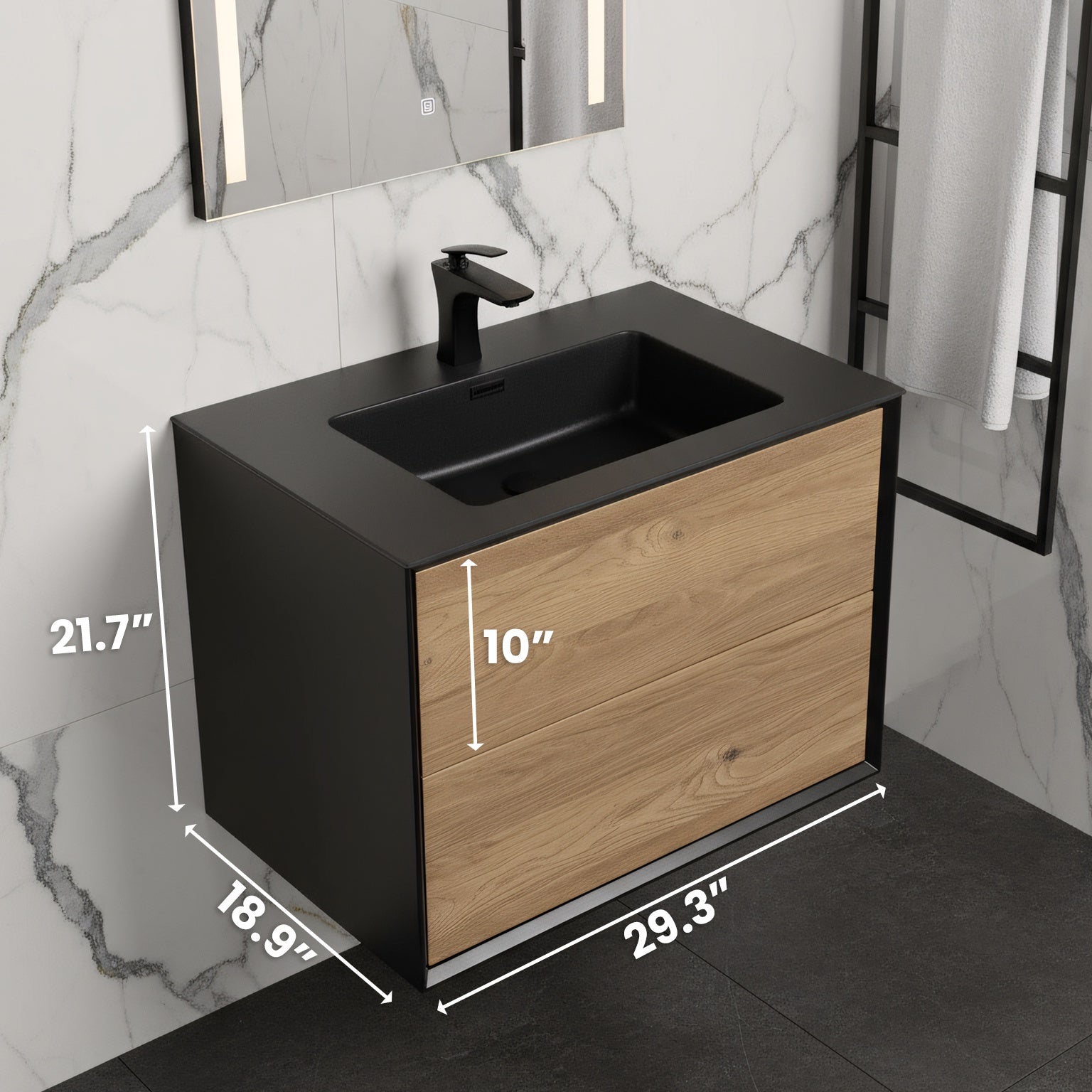 30" Black & Rough Oak Wall Mount Vanity with Black Engineered Quartz Countertop-Migration_Bathroom Vanities-DECOROLALA
