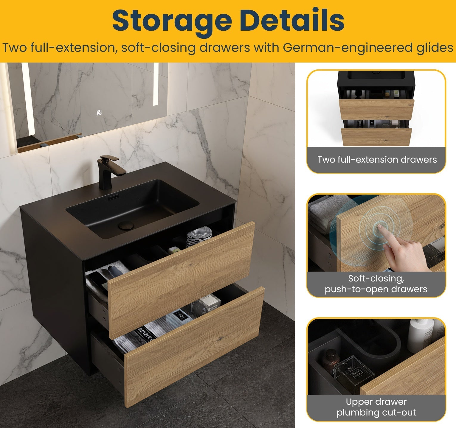 30" Black & Rough Oak Wall Mount Vanity with Black Engineered Quartz Countertop-Migration_Bathroom Vanities-DECOROLALA