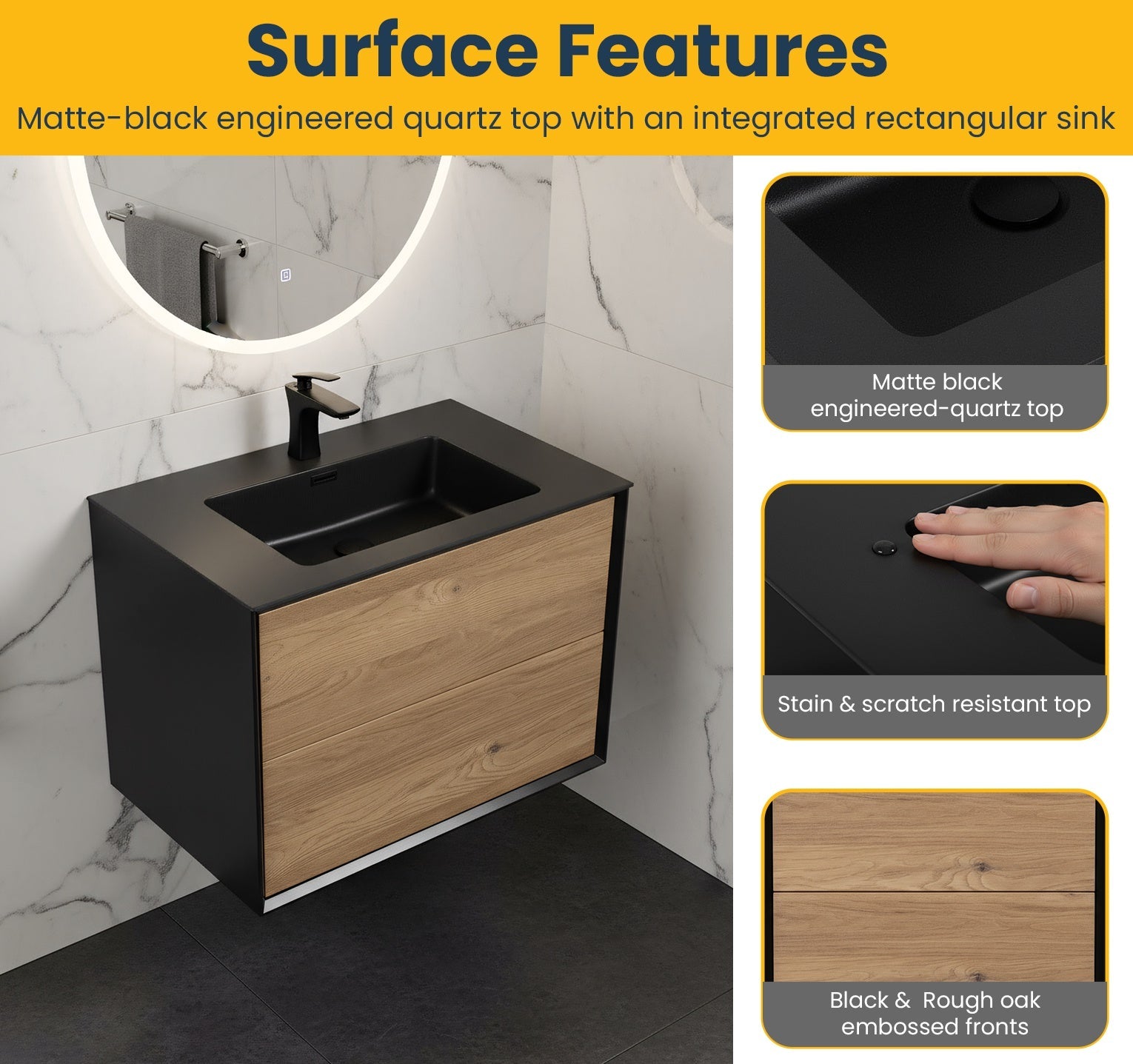 30" Black & Rough Oak Wall Mount Vanity with Black Engineered Quartz Countertop-Migration_Bathroom Vanities-DECOROLALA