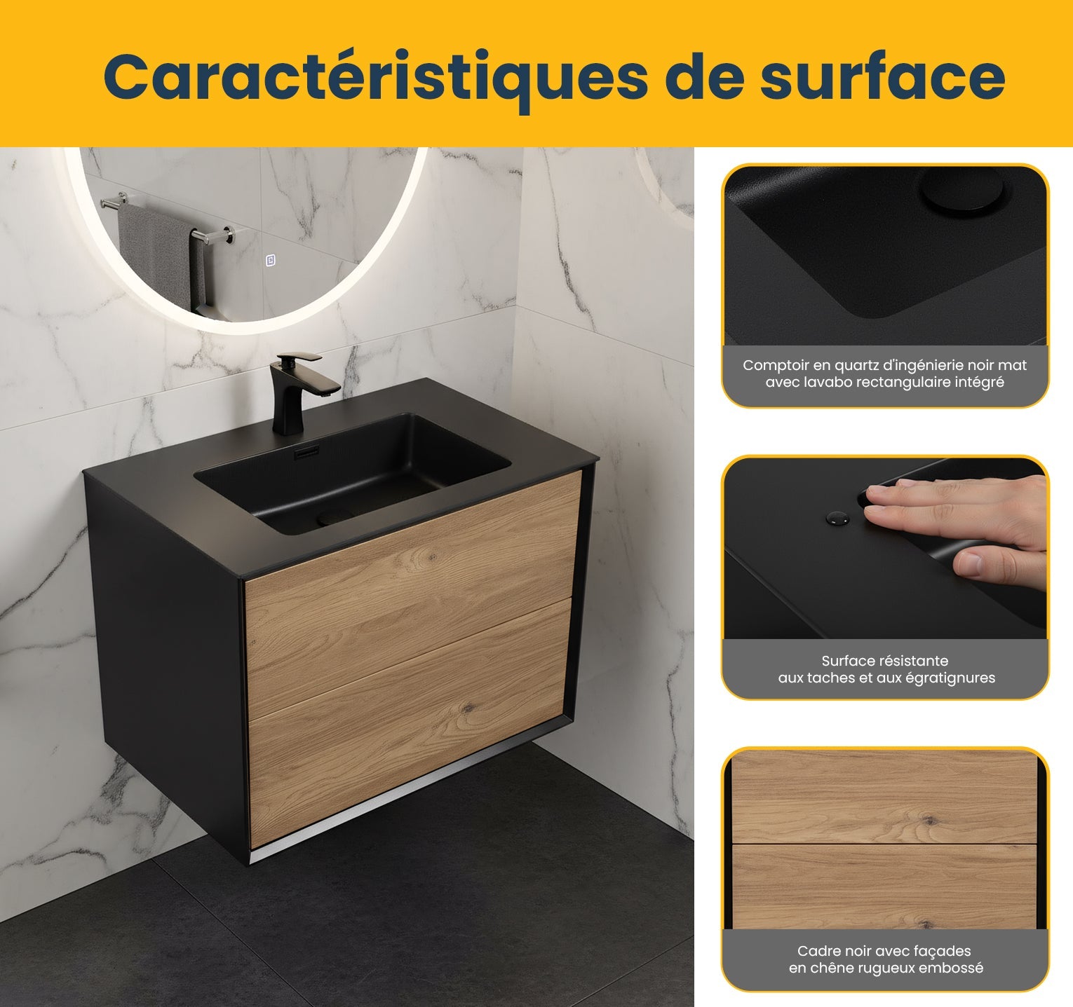 30" Black & Rough Oak Wall Mount Vanity with Black Engineered Quartz Countertop-Migration_Bathroom Vanities-DECOROLALA