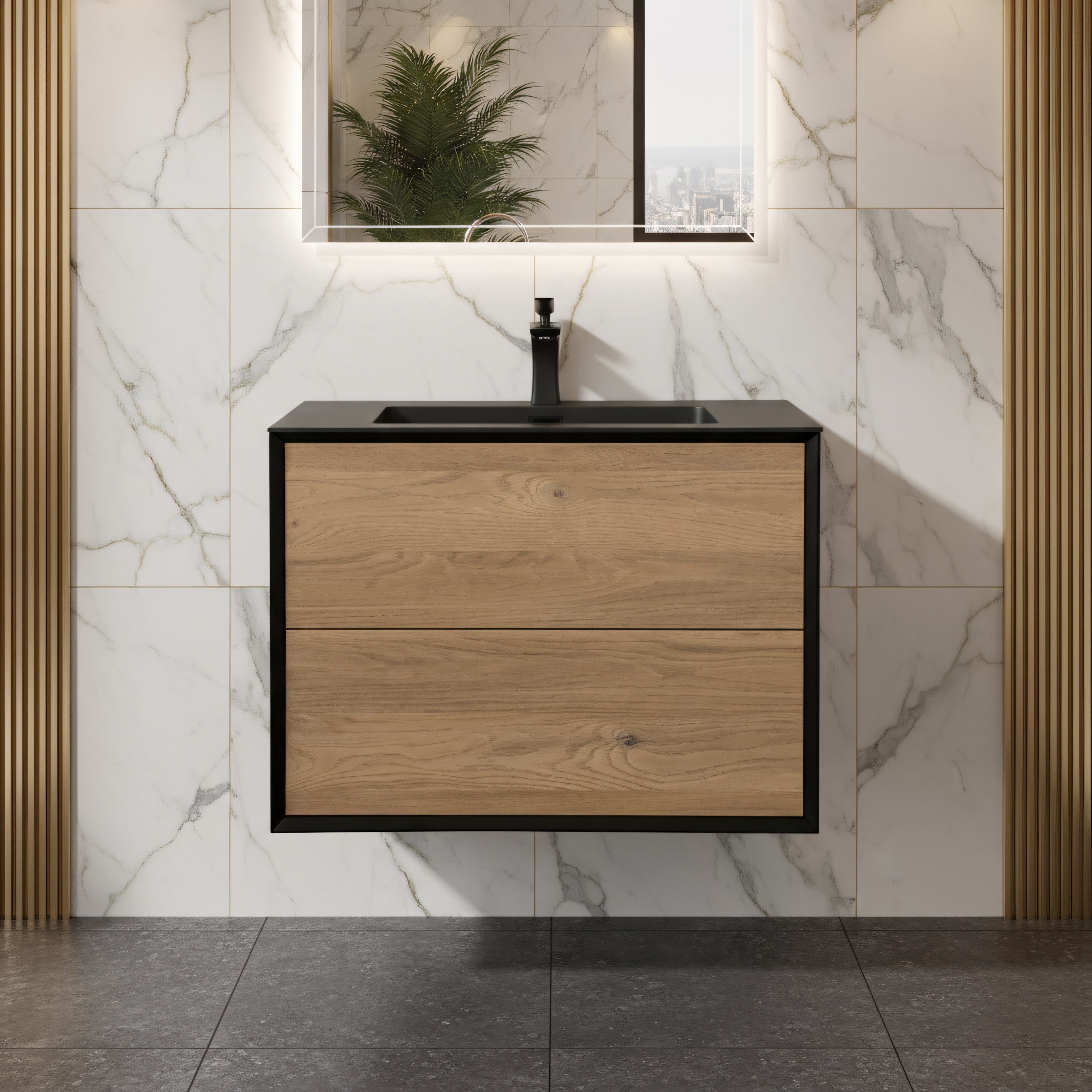 30" Black & Rough Oak Wall Mount Vanity with Black Engineered Quartz Countertop-Migration_Bathroom Vanities-DECOROLALA