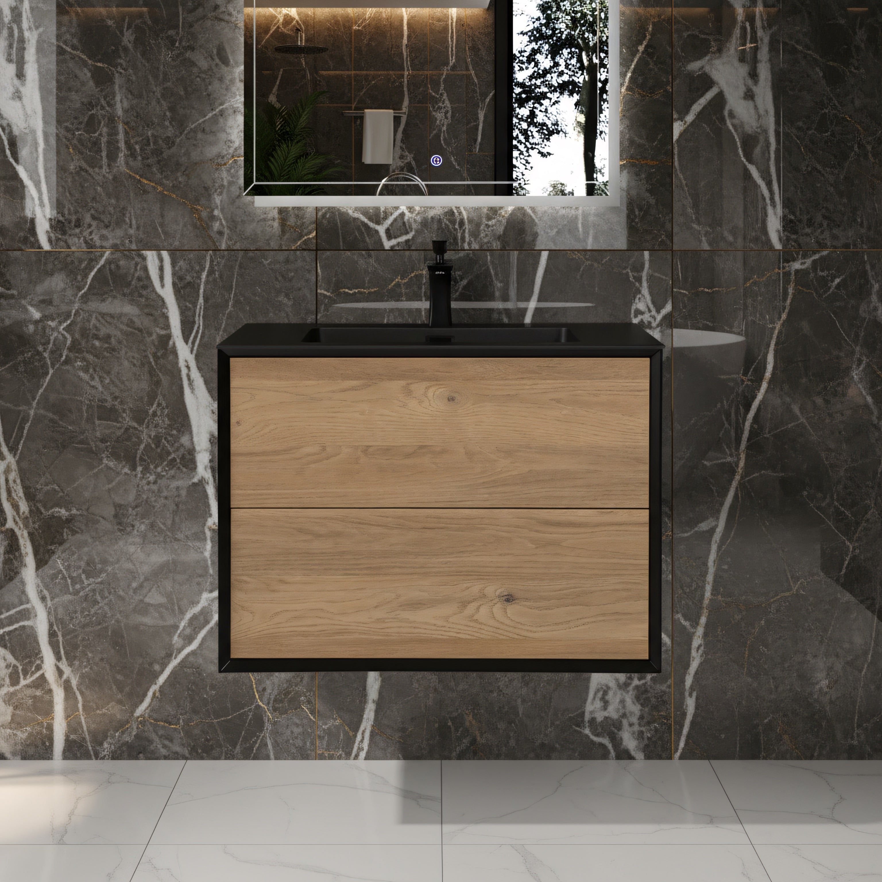 30" Black & Rough Oak Wall Mount Vanity with Black Engineered Quartz Countertop-Migration_Bathroom Vanities-DECOROLALA