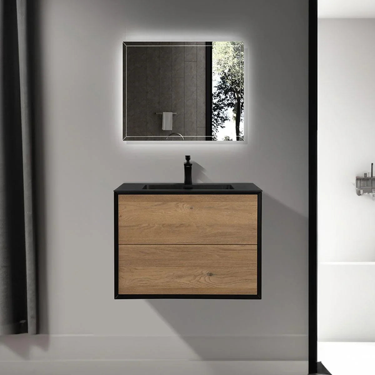 30" Black & Rough Oak Wall Mount Vanity with Black Engineered Quartz Countertop-Migration_Bathroom Vanities-DECOROLALA