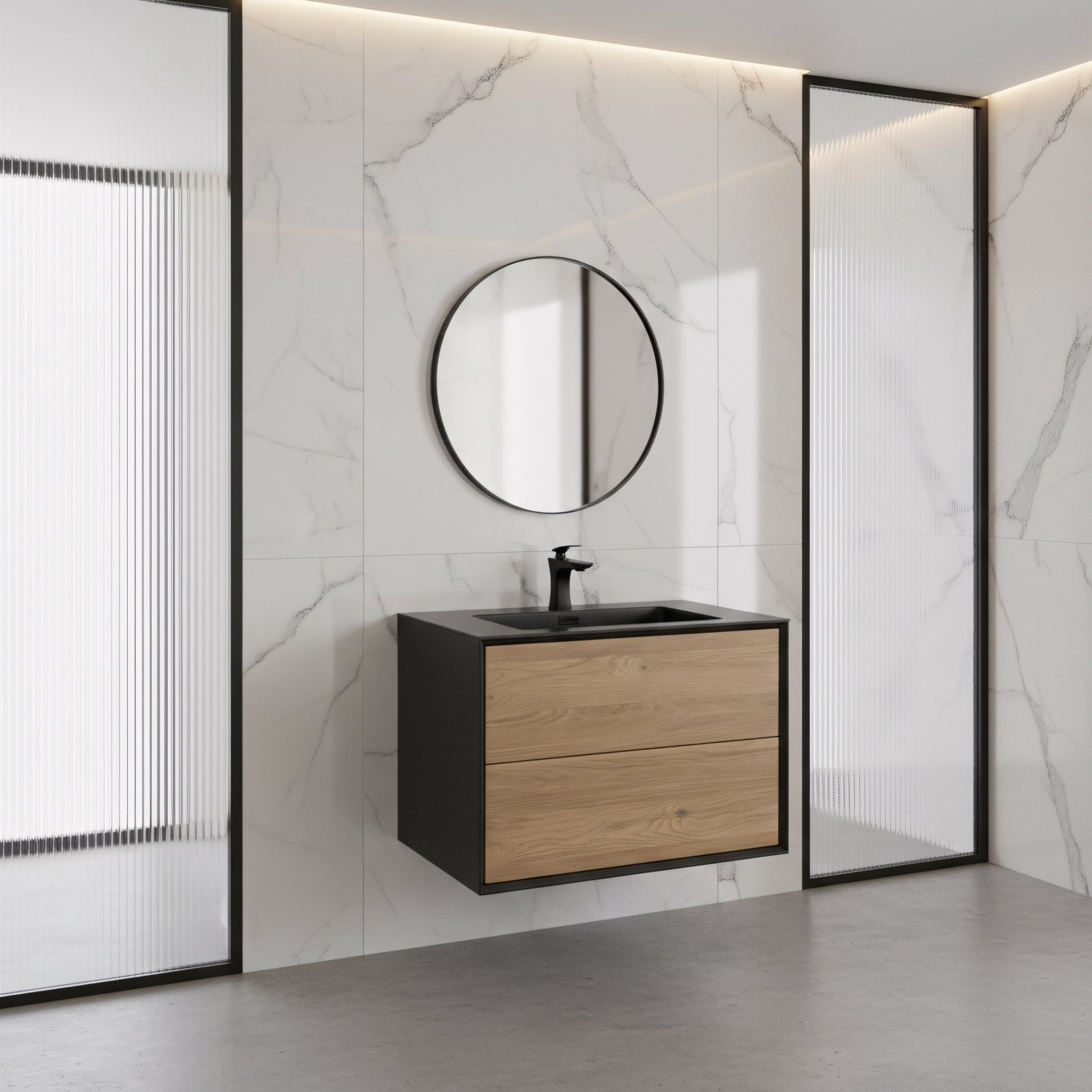 30" Black & Rough Oak Wall Mount Vanity with Black Engineered Quartz Countertop-Migration_Bathroom Vanities-DECOROLALA