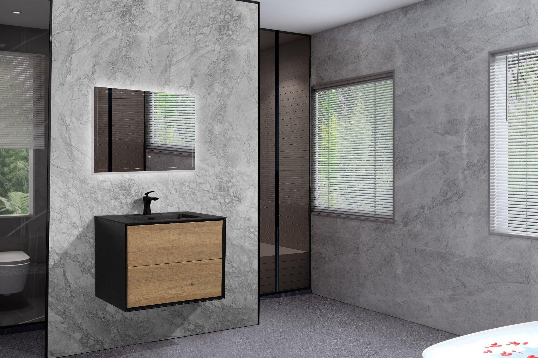 30" Black & Rough Oak Wall Mount Vanity with Black Engineered Quartz Countertop-Migration_Bathroom Vanities-DECOROLALA