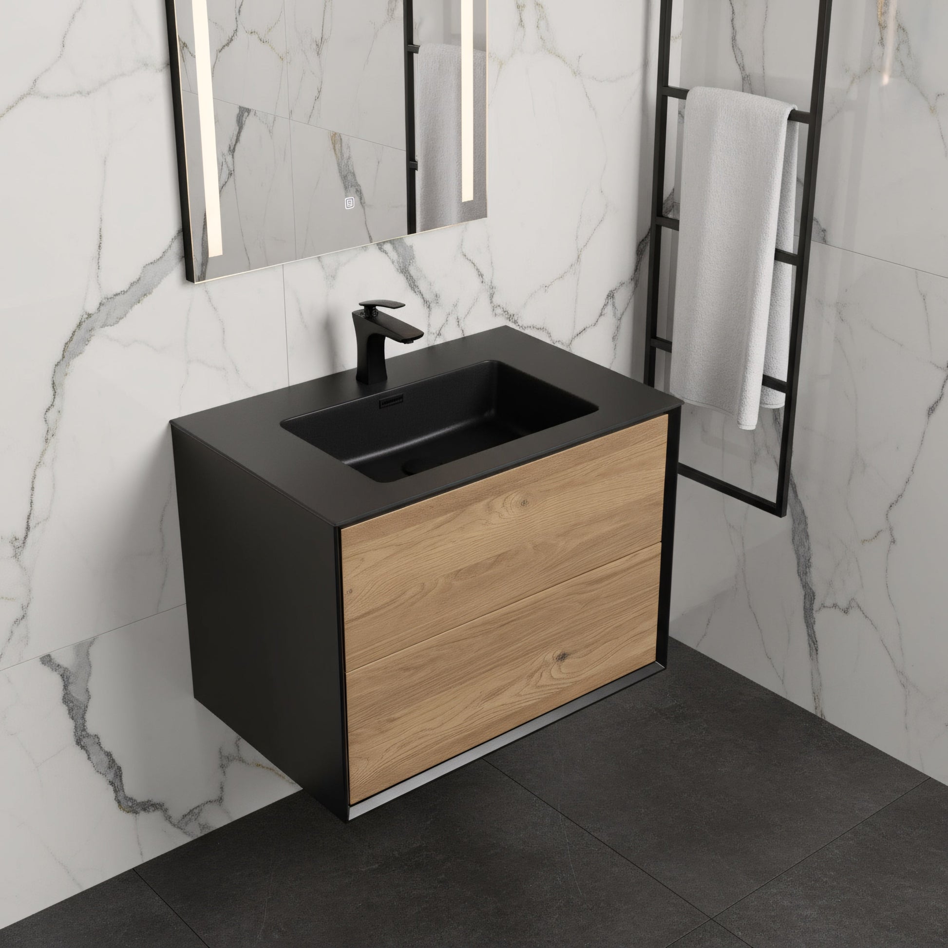 30" Black & Rough Oak Wall Mount Vanity with Black Engineered Quartz Countertop-Migration_Bathroom Vanities-DECOROLALA