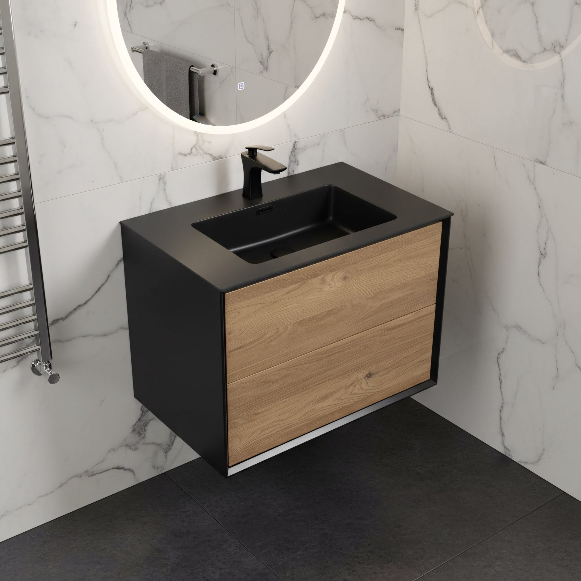 30" Black & Rough Oak Wall Mount Vanity with Black Engineered Quartz Countertop-Migration_Bathroom Vanities-DECOROLALA