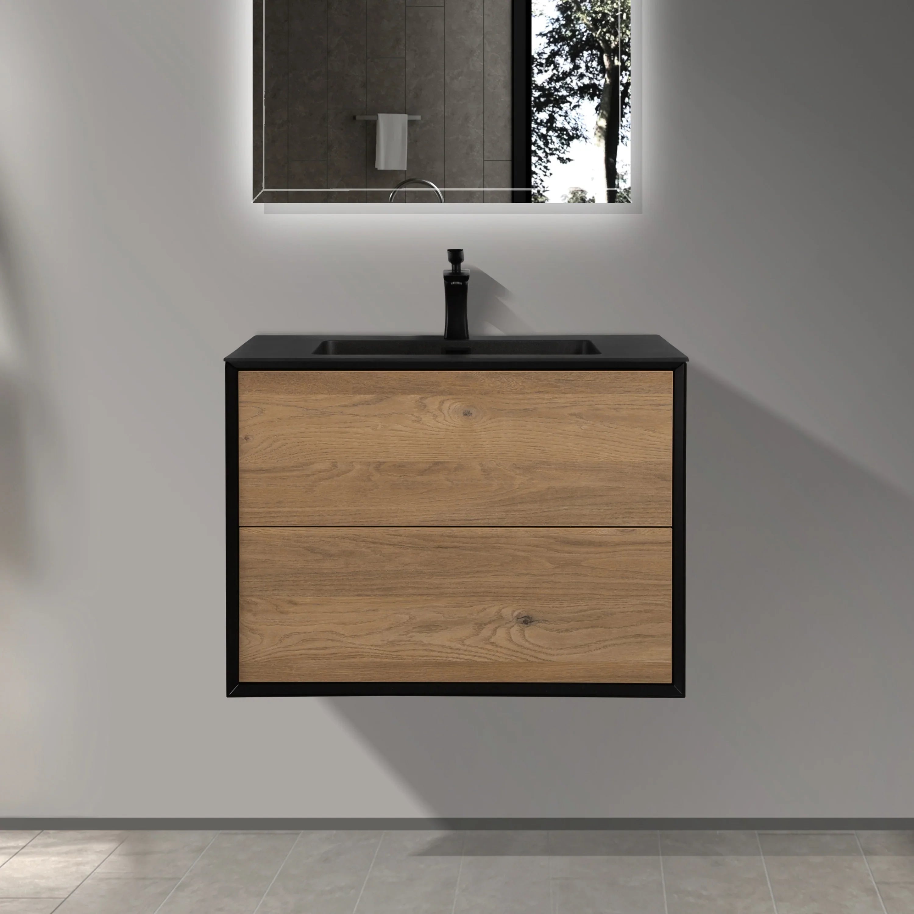 30" Black & Rough Oak Wall Mount Vanity with Black Engineered Quartz Countertop-Migration_Bathroom Vanities-DECOROLALA